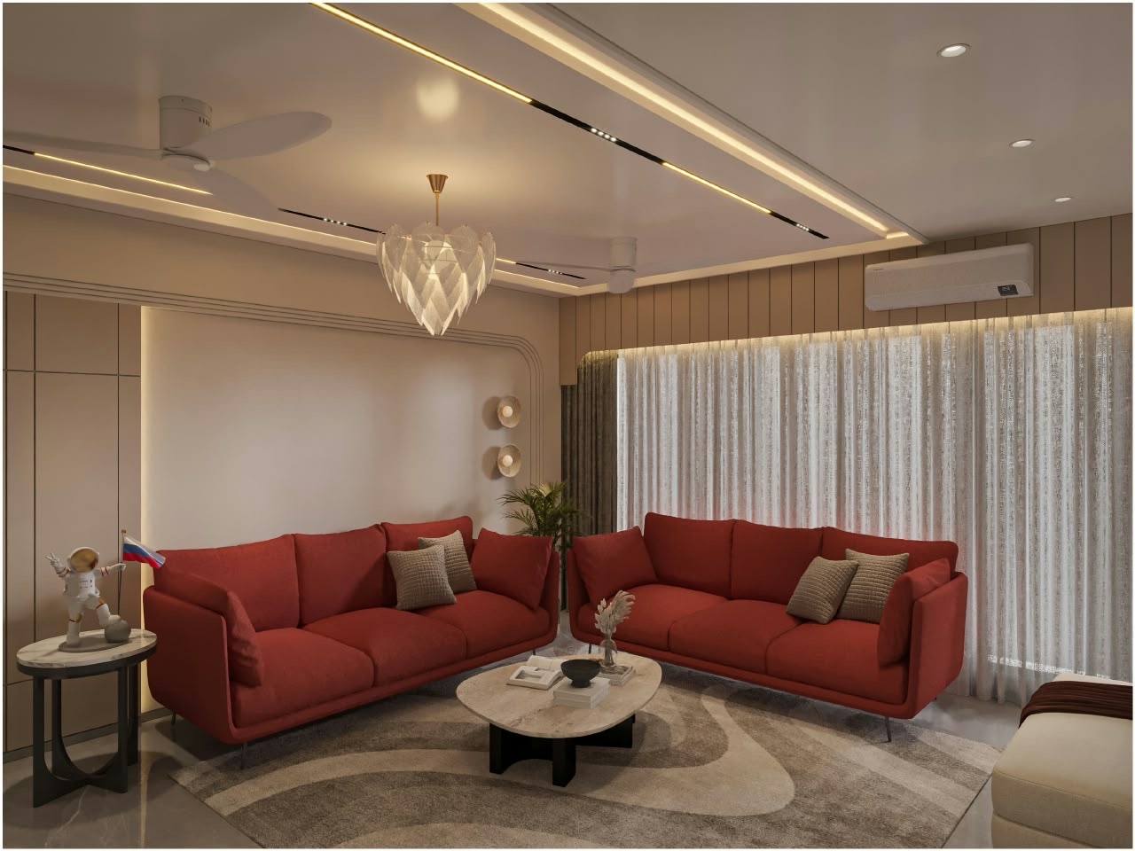 Design render of a living room with two white ceiling fans set in one plain central ceiling panel, framed by a cove-lit drop band, with thin linear profile lights running between the fans, a white pendant light in the middle and a red sofa set below.