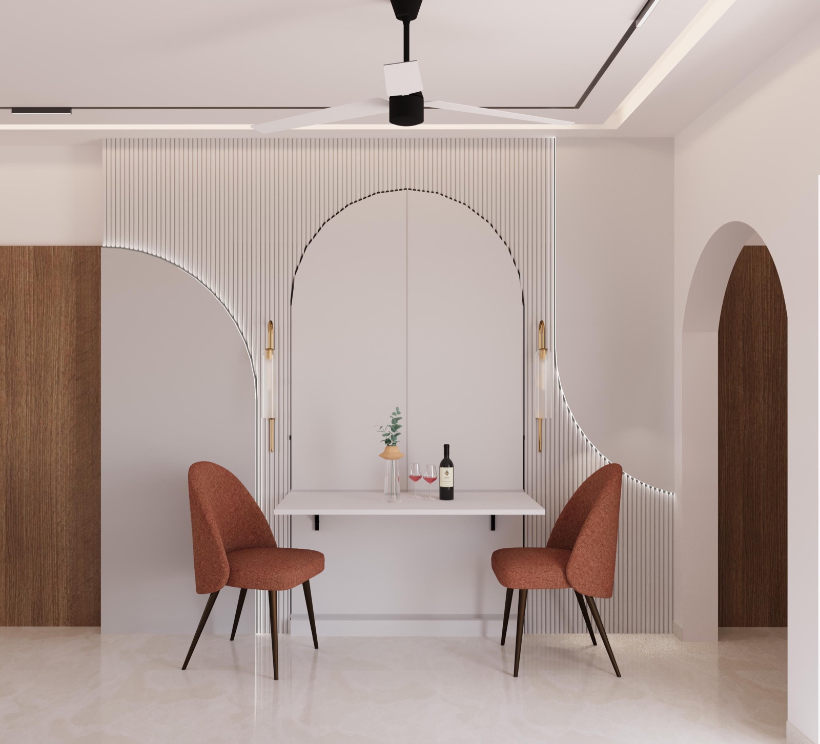 Design render of a dining nook in a Mumbai 3BHK: white fluted wall panelling with arched cut-outs edged in LED strips, a wall-mounted white table with two rust upholstered chairs, brass wall lights and a ceiling with recessed profile lights