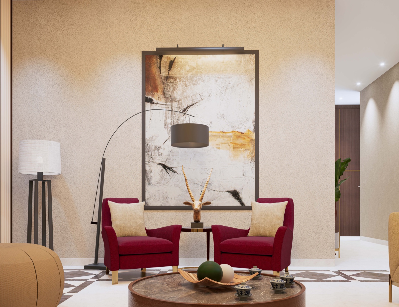 Sitting area design render with a beige wall in a fine sand-grain texture behind two maroon armchairs, a large abstract painting with a picture light and an arc floor lamp