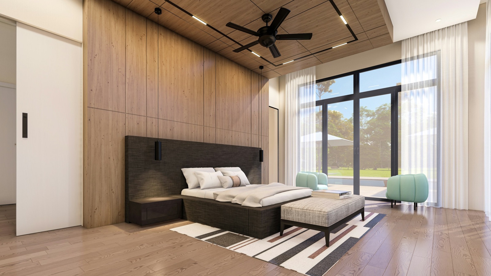 Design render of a bedroom where vertical wood panelling behind the bed continues across the ceiling as a wooden panel framed by thin linear lights, with a dark five-blade fan fixed in the wood, two slim pendant lights hanging beside the headboard and tall glass doors with sheer curtains.