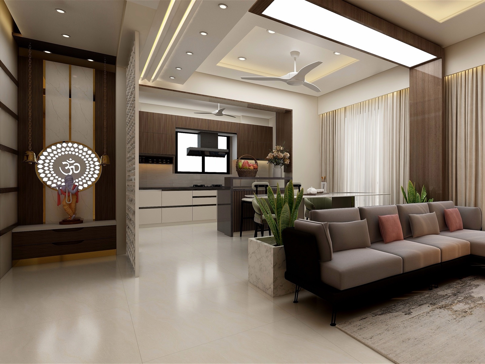 Design render of a flat interior: a backlit pooja unit with a circular Om panel and an idol on the left, a perforated screen, an open kitchen with a window in the background, a dining counter and a grey L-shaped sofa in the foreground.