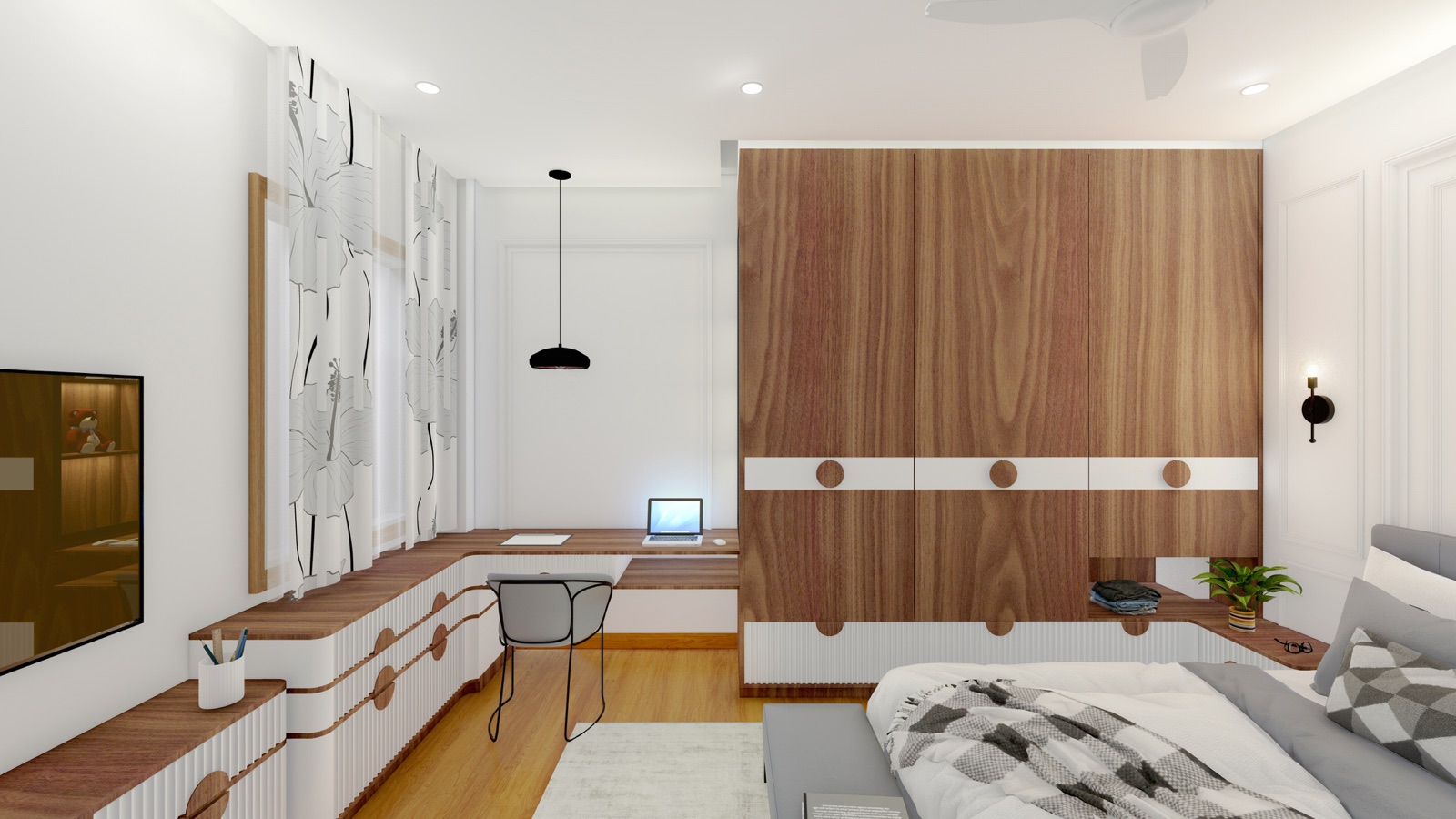 A bedroom with a three-door wardrobe in a walnut-grain finish, a white band of round wooden knobs across the middle and a white fluted base, an open niche at one end, and a built-in study desk with white fluted drawers running along the window wall.