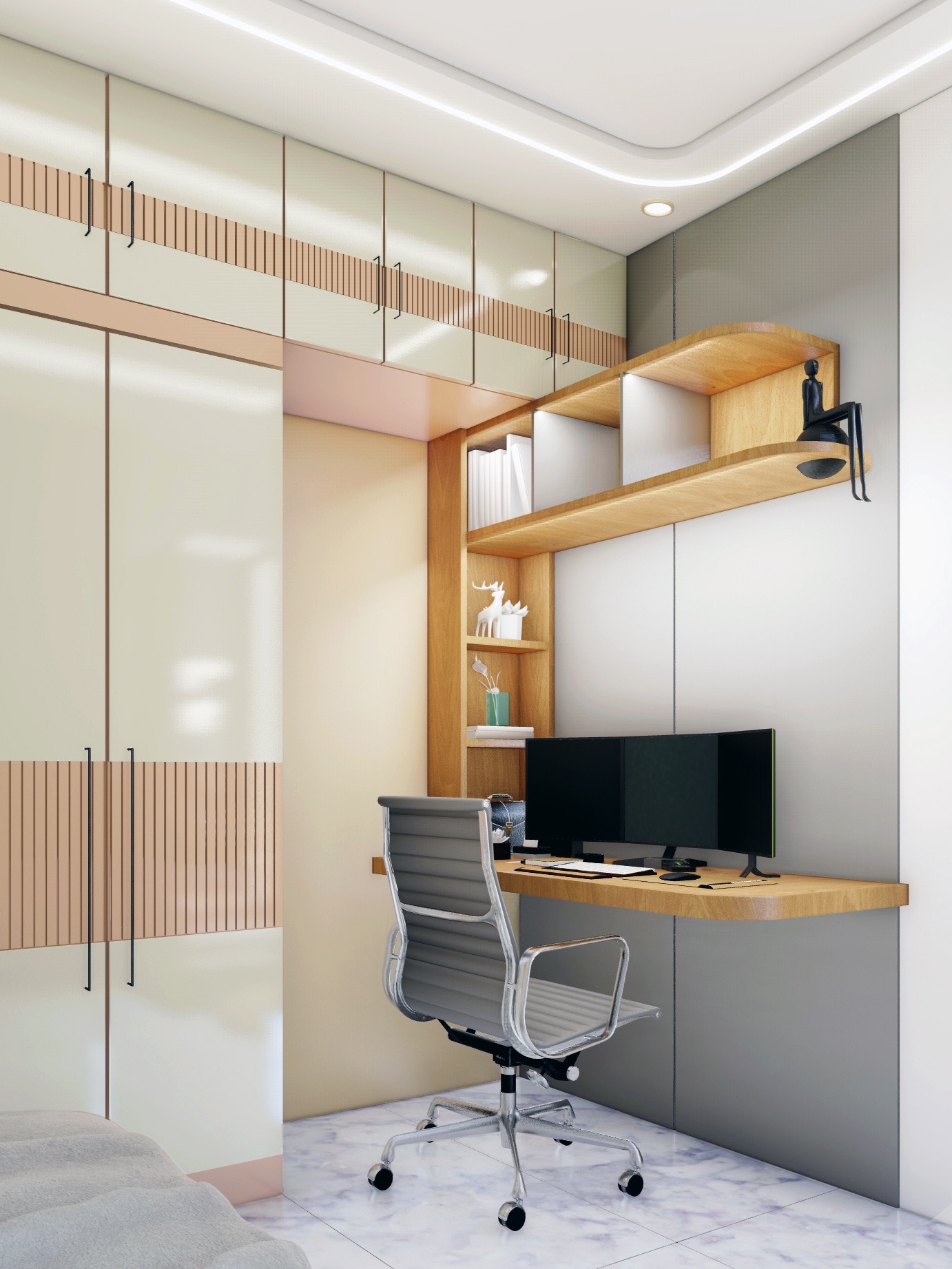 Design render of a bedroom work corner: a floating wooden desk with two monitors and an office chair, set into a recess in a full-height wardrobe run with glossy cream shutters and peach fluted bands, open wooden shelves with a light strip above the desk, and lofts across the top.