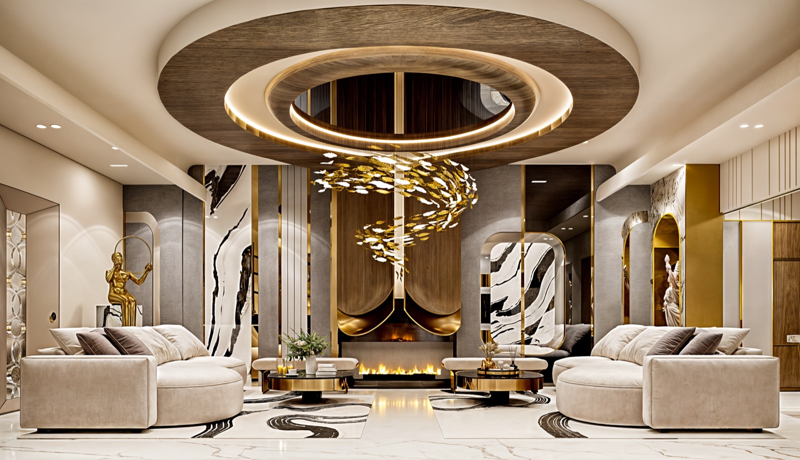 Design render of a symmetrical living room: a round timber ceiling with two glowing cove rings around a mirrored centre, a cascade of small gold leaf-shaped pendants hanging over a fireplace, recessed downlights in the side ceilings, backlit arched niches and two curved cream sofas on a white marble floor