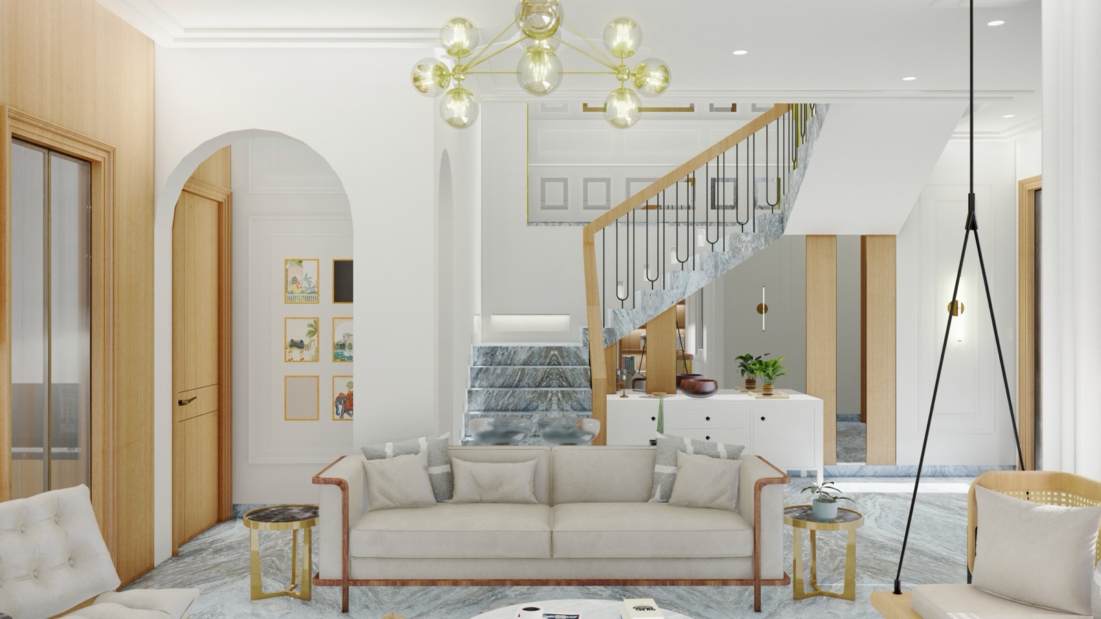 Design render of a white living room with a pale grey three-seater sofa on a slim wooden frame with thin wooden arms and short legs, brass side tables on either side, a cane-backed chair at the right, a hanging swing seat, a staircase with grey marble treads and a brass bubble chandelier