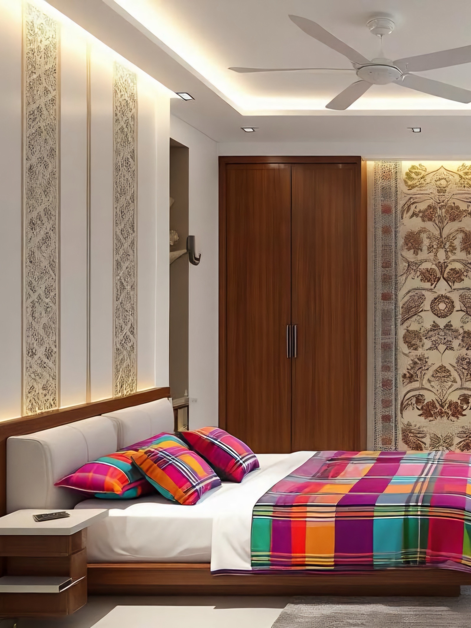 Design render of a bedroom with a white peripheral false ceiling band lit by a warm cove on its inner edge, small square downlights set in the band, a white five-blade ceiling fan in the plain centre, a low wooden bed with bright checked bedding, carved patterned wall panels and a wooden wardrobe.
