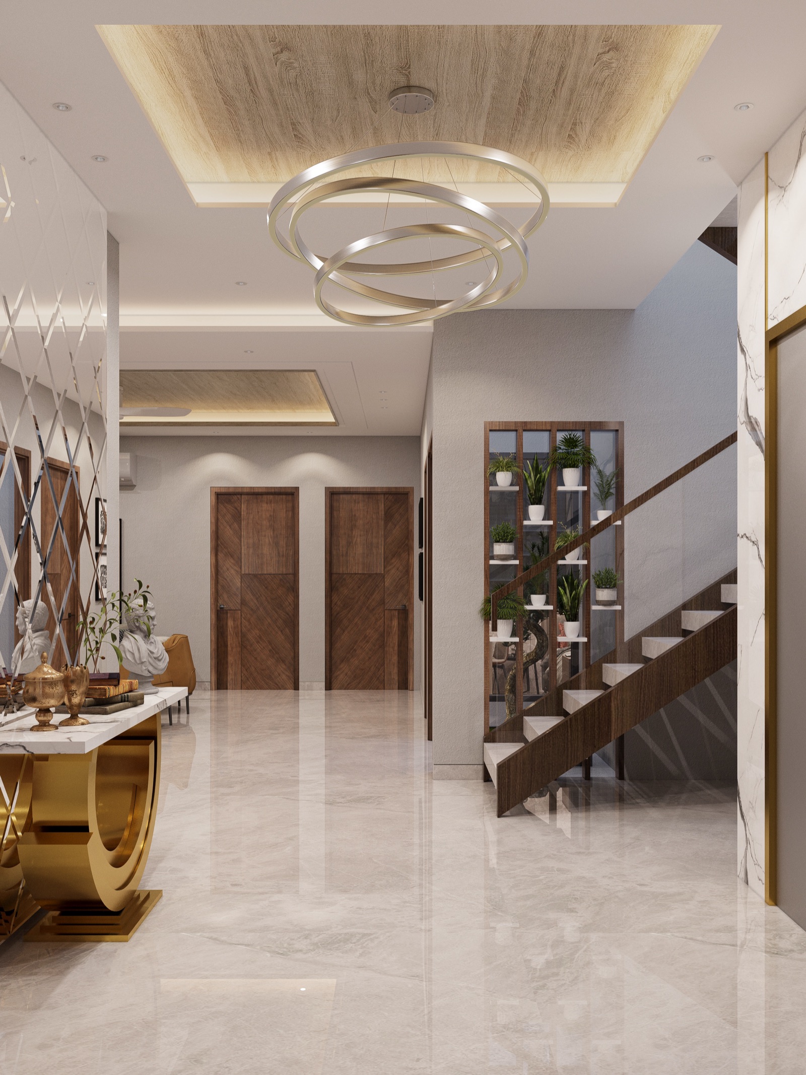 Design render of a home entrance hall with polished grey marble flooring, a ring chandelier under a wood-finish ceiling panel, a gold console table and mirror-cut wall on the left, and on the right a tall walnut-framed open shelf with glass behind it, filled with potted plants, standing beside an open-riser staircase