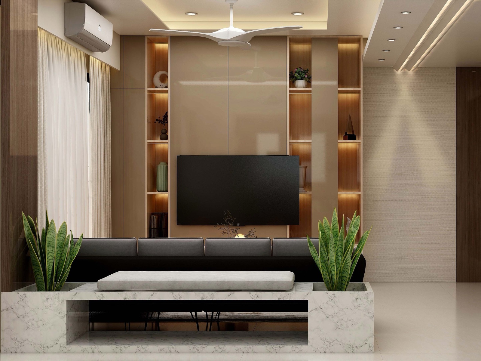Design render of an apartment living room with a beige lacquered TV wall flanked by lit timber shelves, a dark sofa, a marble planter bench with snake plants and sheer curtains