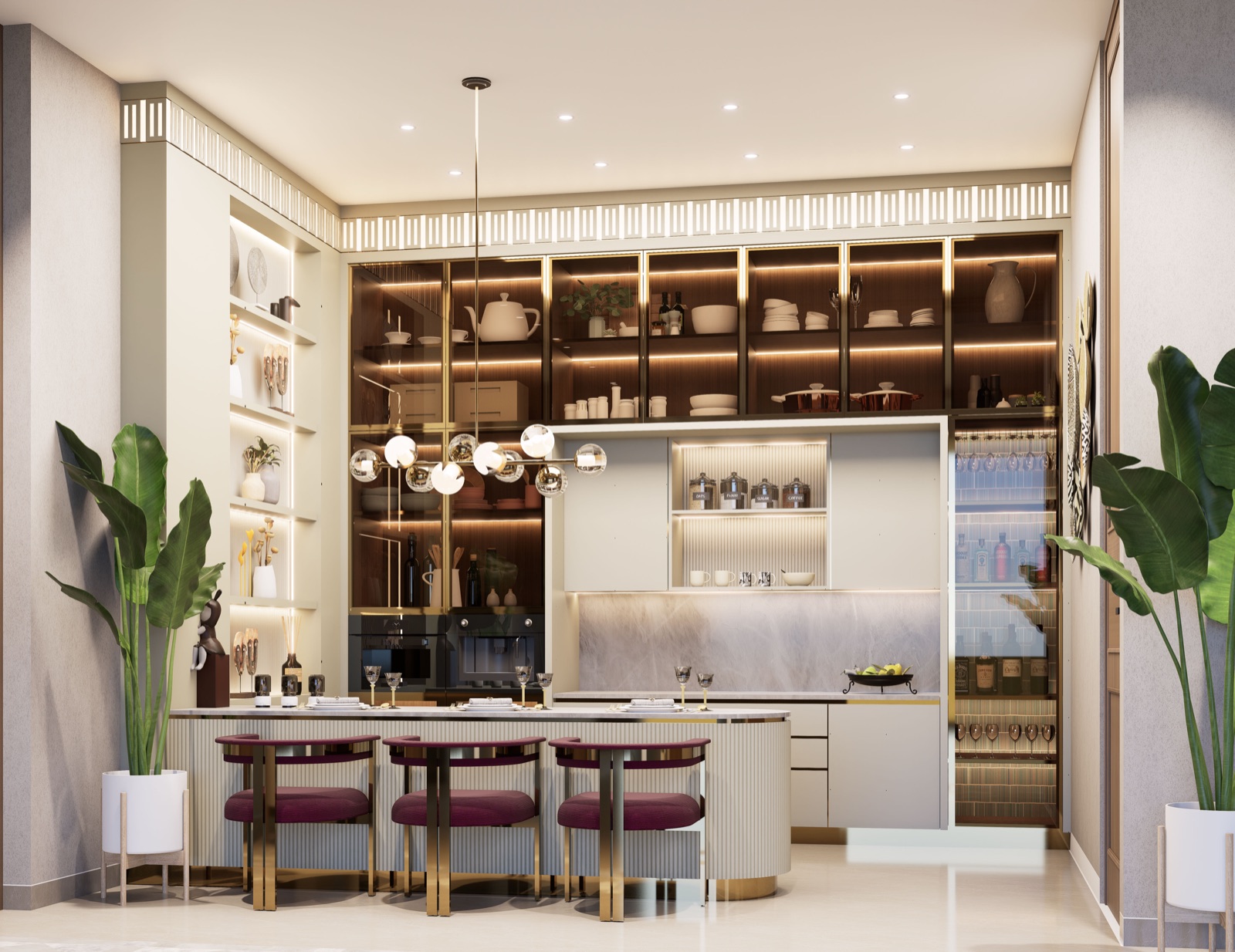 Design render of a kitchen with ivory shutters and a fluted ivory breakfast counter, below a full-width bank of glass-fronted upper cabinets lined in dark wood with lit shelves, and plum upholstered stools.