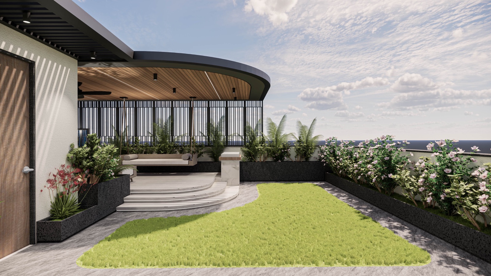 Design render of a rooftop garden in daylight: a curved lawn edged with grey paving, long black planters of flowering shrubs and palms along the parapet, and curved timber steps leading up to a covered deck with a hanging swing behind a screen of slim vertical bars.