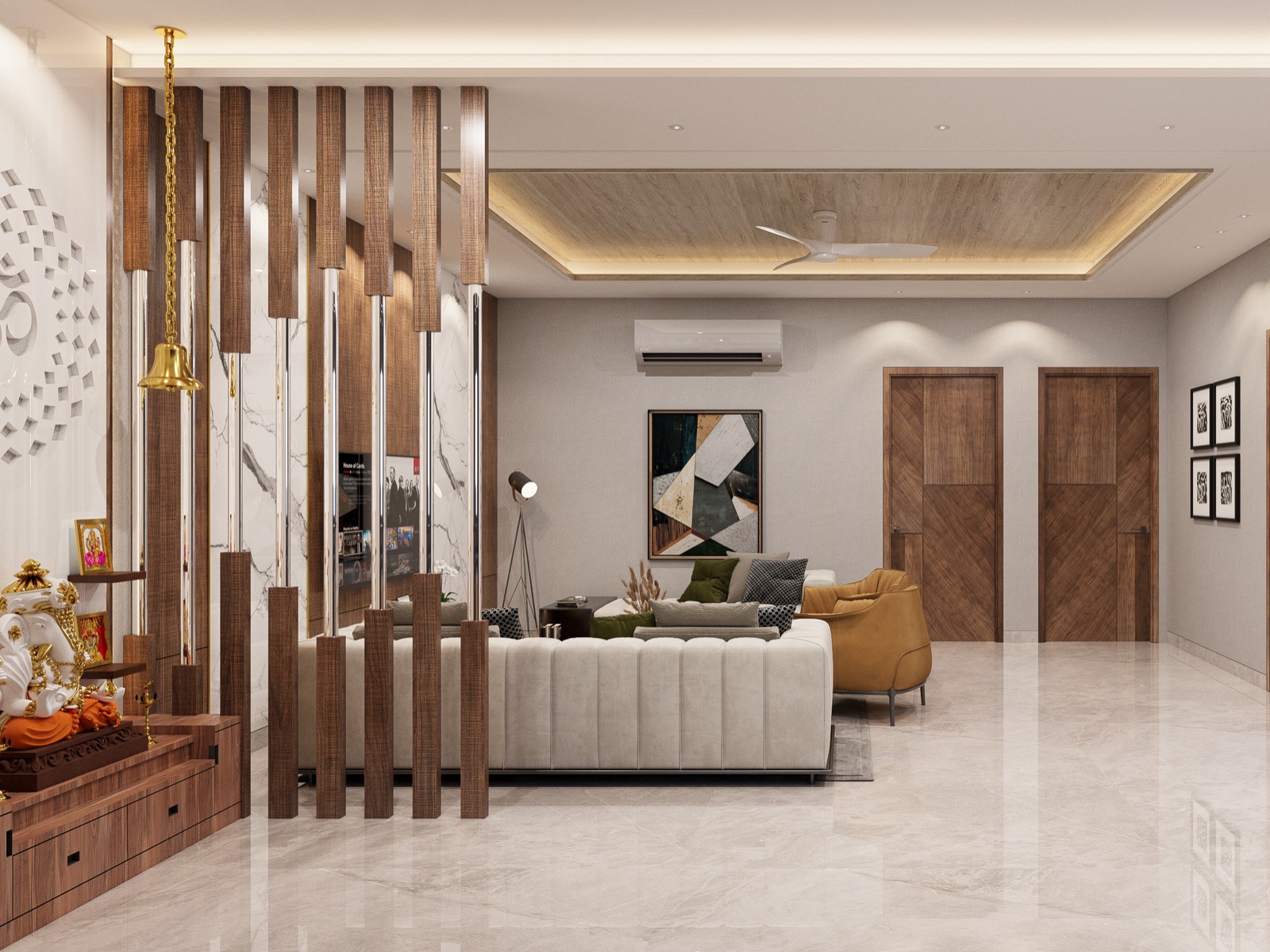 Design render of a long living room with a raised rectangular tray in a light wood finish over the seating, edged with warm cove lighting, a white ceiling fan centred in the tray and plain white ceiling with small downlights around it.