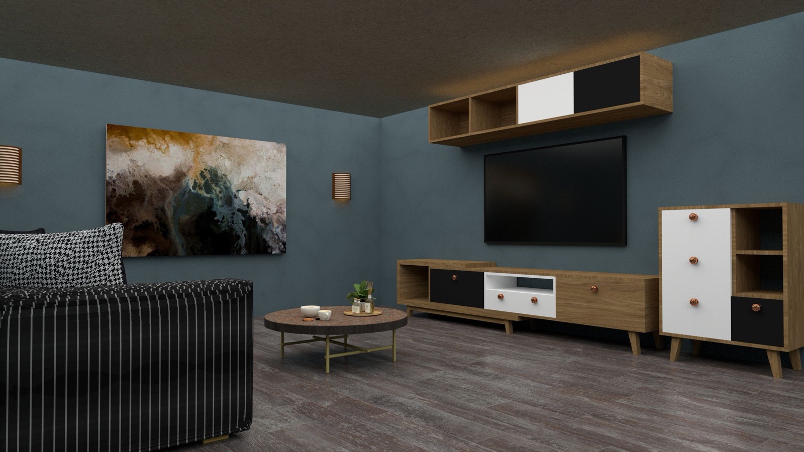 Design render of a living room with a blue-grey wall, a ready-made style TV console in light wood with black and white drawers on tapered legs, a matching tall cabinet, a wall-hung open shelf above a wall-mounted TV, and a round coffee table