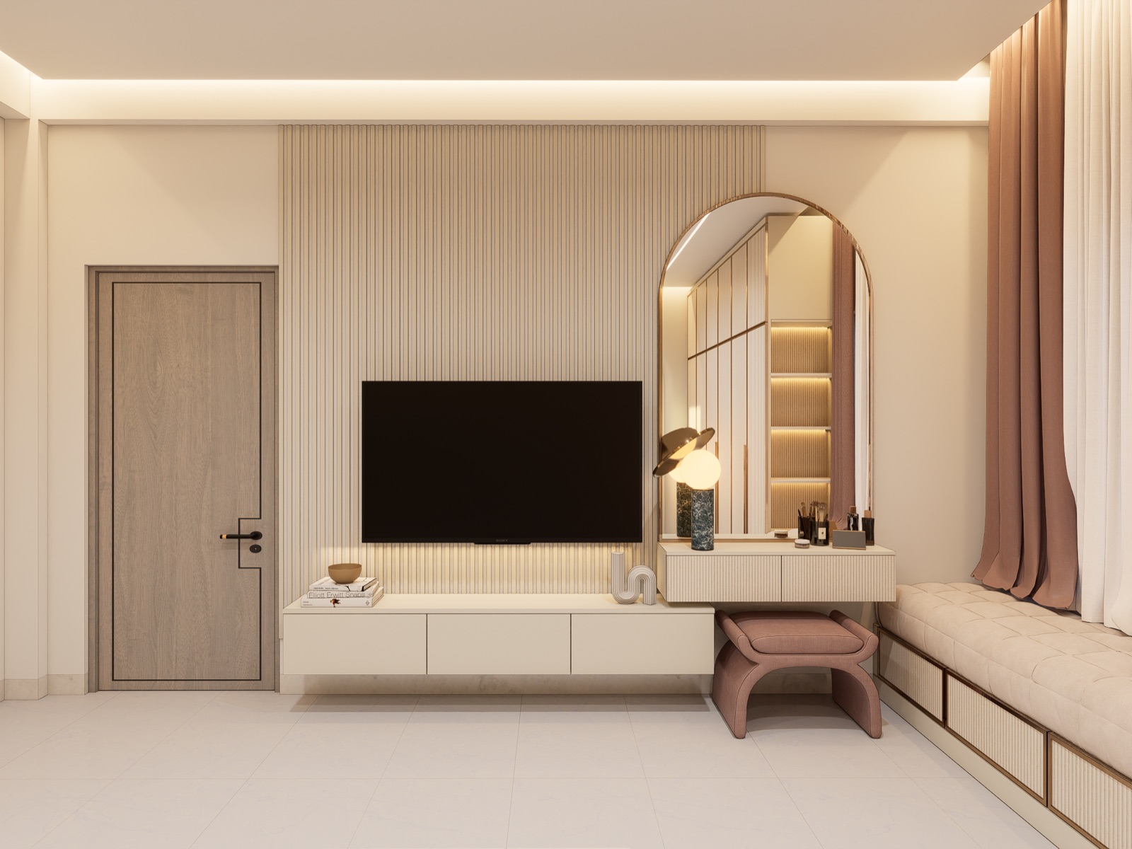 Design render of a bedroom wall in warm ivory with a pale fluted panel behind a wall-mounted TV, a floating ivory console, an arched mirror over a dressing ledge, a blush pink stool, a cushioned window seat and blush pink curtains