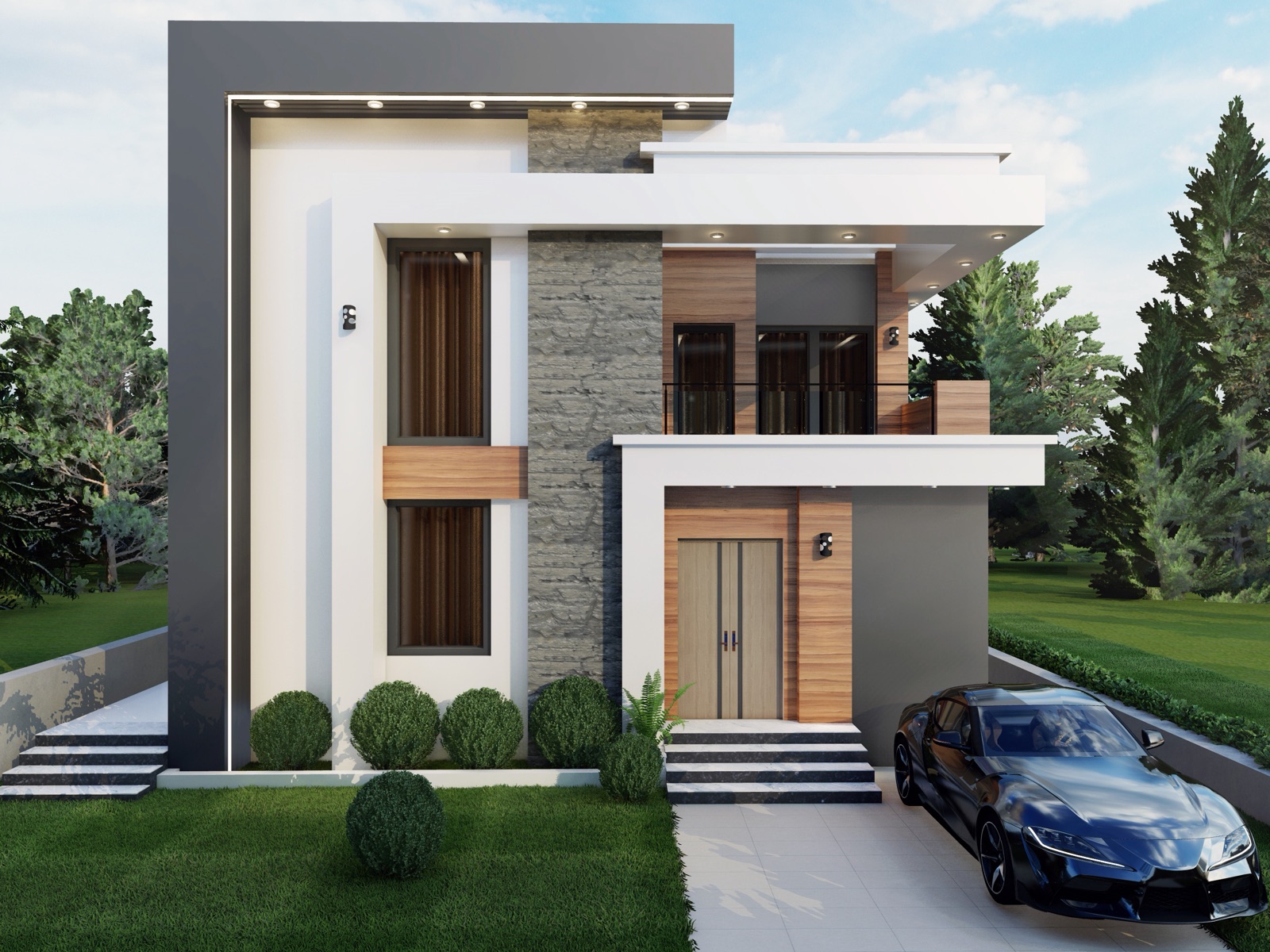 Design render of a compact two-storey house front in Dapoli: white walls inside a charcoal frame, a vertical strip of grey stone cladding, wood-look panels around the door and a first-floor balcony, deep white slab overhangs with recessed downlights