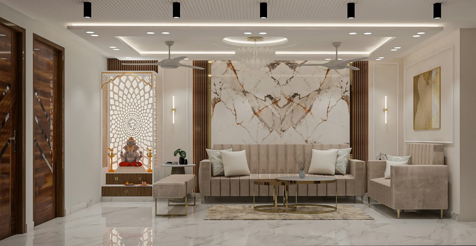 Living room design render with a large bookmatched white marble-look panel with brown veins behind a channel-tufted beige sofa, dark wood fluted strips on either side, a backlit white CNC jaali mandir with a Ganesha idol on the left and wall lights between the panels.