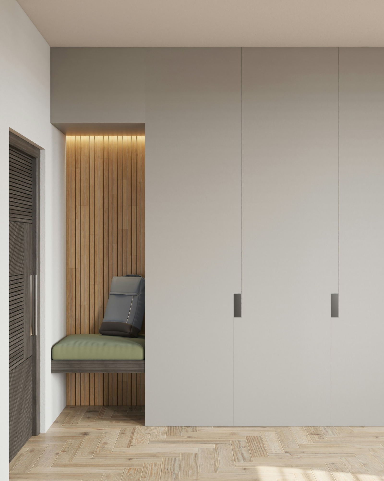 Design render of a full-height wardrobe in warm grey with flat, handleless shutters and recessed finger pulls, beside a niche with a slatted wood back, a hidden strip light and a built-in bench, on a herringbone wood floor