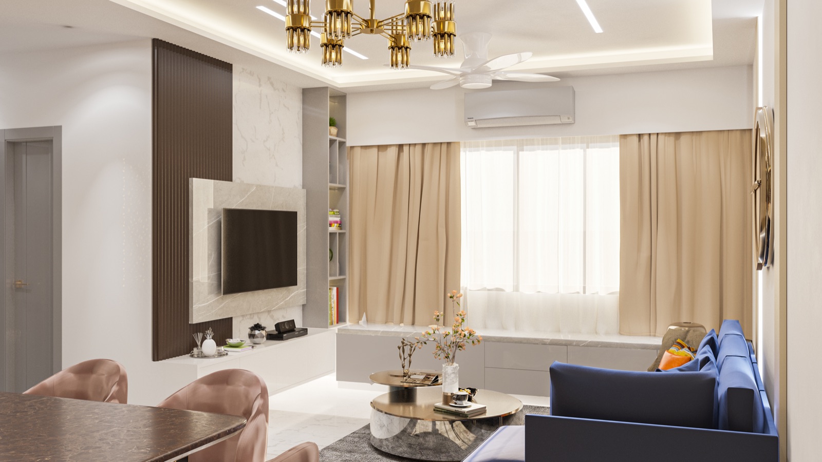 Design render of an open living and dining room with a cove-lit drop band, a linear profile light, a brass chandelier above the dining chairs in the foreground and a white ceiling fan over the seating area beyond, with a TV wall and a blue sofa.