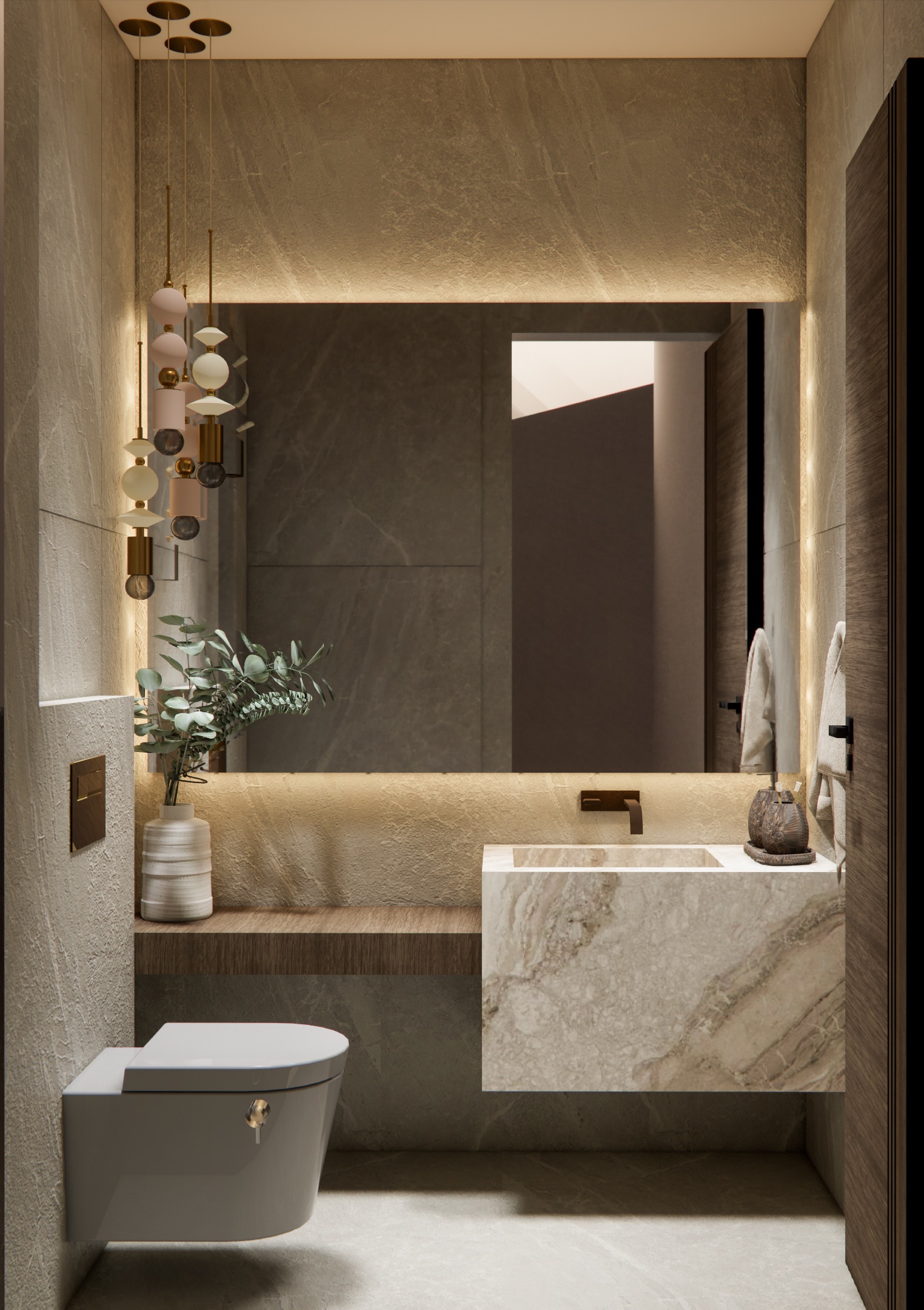 Design render of a powder washroom with textured stone-look wall slabs, a wall-hung white WC with a bronze flush plate, a floating veined-stone basin block beside a timber shelf, a wall-mounted bronze spout, a wide mirror with warm backlighting and a cluster of pendant lights