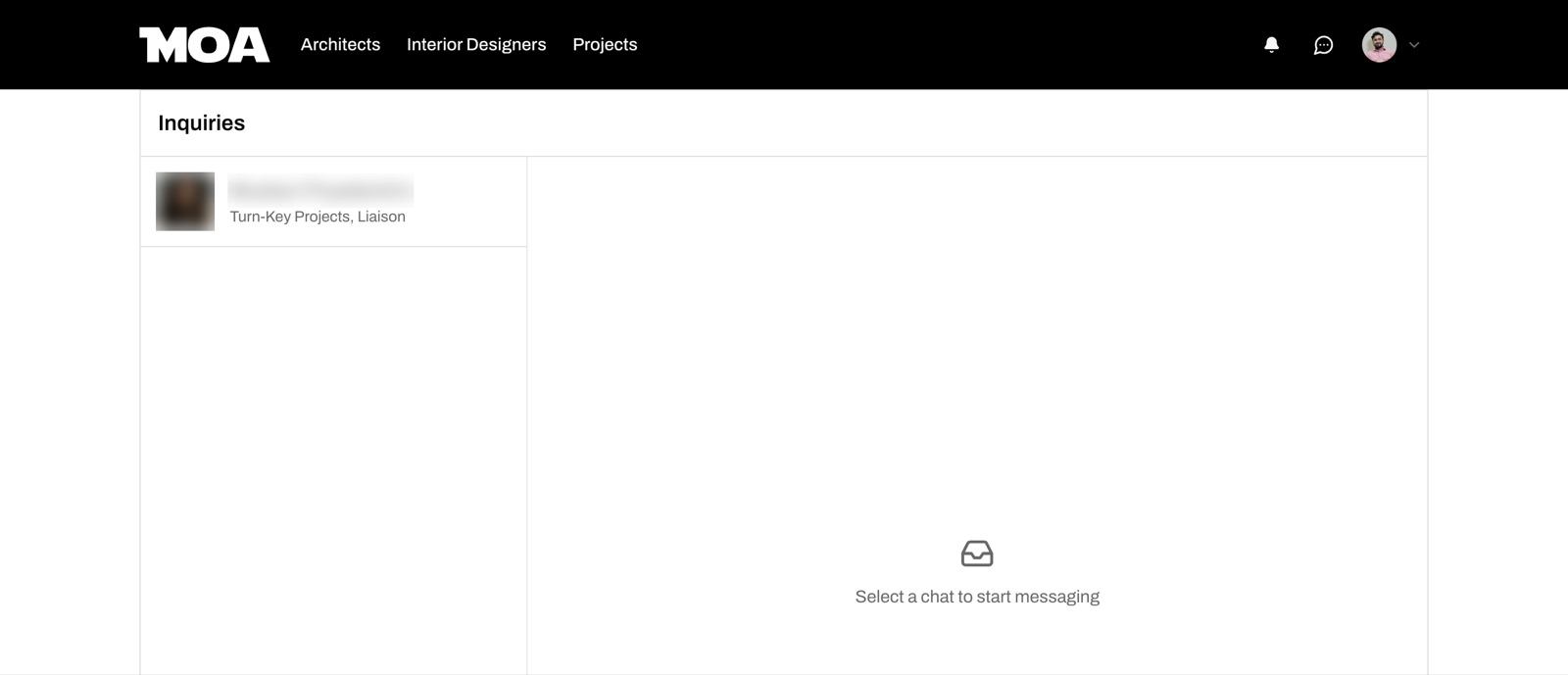 Screenshot of the MOA Inquiries page. The MOA top bar shows a bell icon and a chat icon next to the profile picture. Below the Inquiries heading, the left column lists one conversation with a blurred name and photo and the services Turn-Key Projects, Liaison. The right panel reads Select a chat to start messaging.