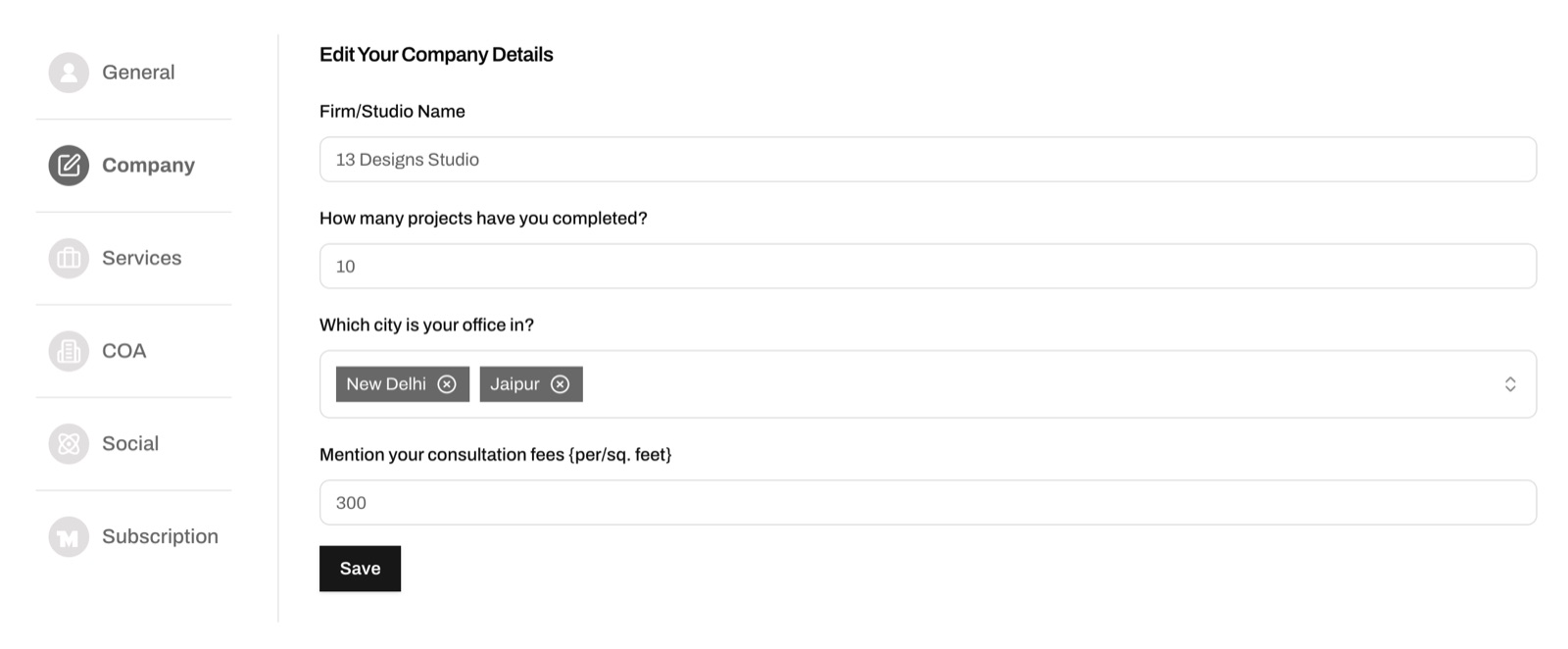Screenshot of About, Company on an MOA profile. The form is titled Edit Your Company Details, with Firm/Studio Name set to 13 Designs Studio, How many projects have you completed set to 10, Which city is your office in showing two city tags, New Delhi and Jaipur, and Mention your consultation fees per sq. feet set to 300, above a Save button. The side menu lists General, Company, Services, COA, Social and Subscription.