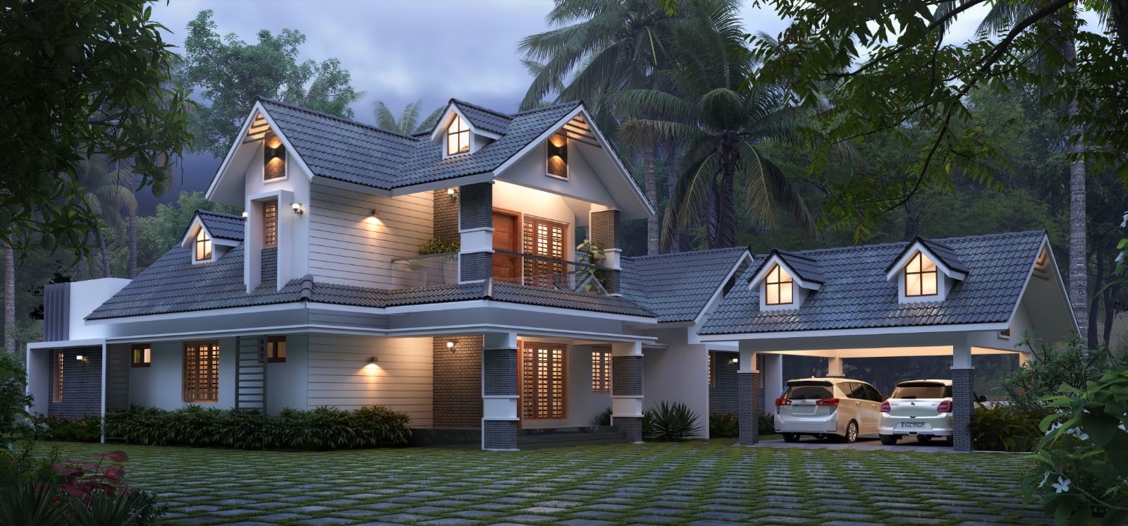 Design render at dusk of a two-storey house among coconut palms, with grey tiled pitched roofs, small gabled dormers, deep eaves, brick-clad piers, timber lattice windows, a tiled carport roof over two cars and grass-jointed paving in front
