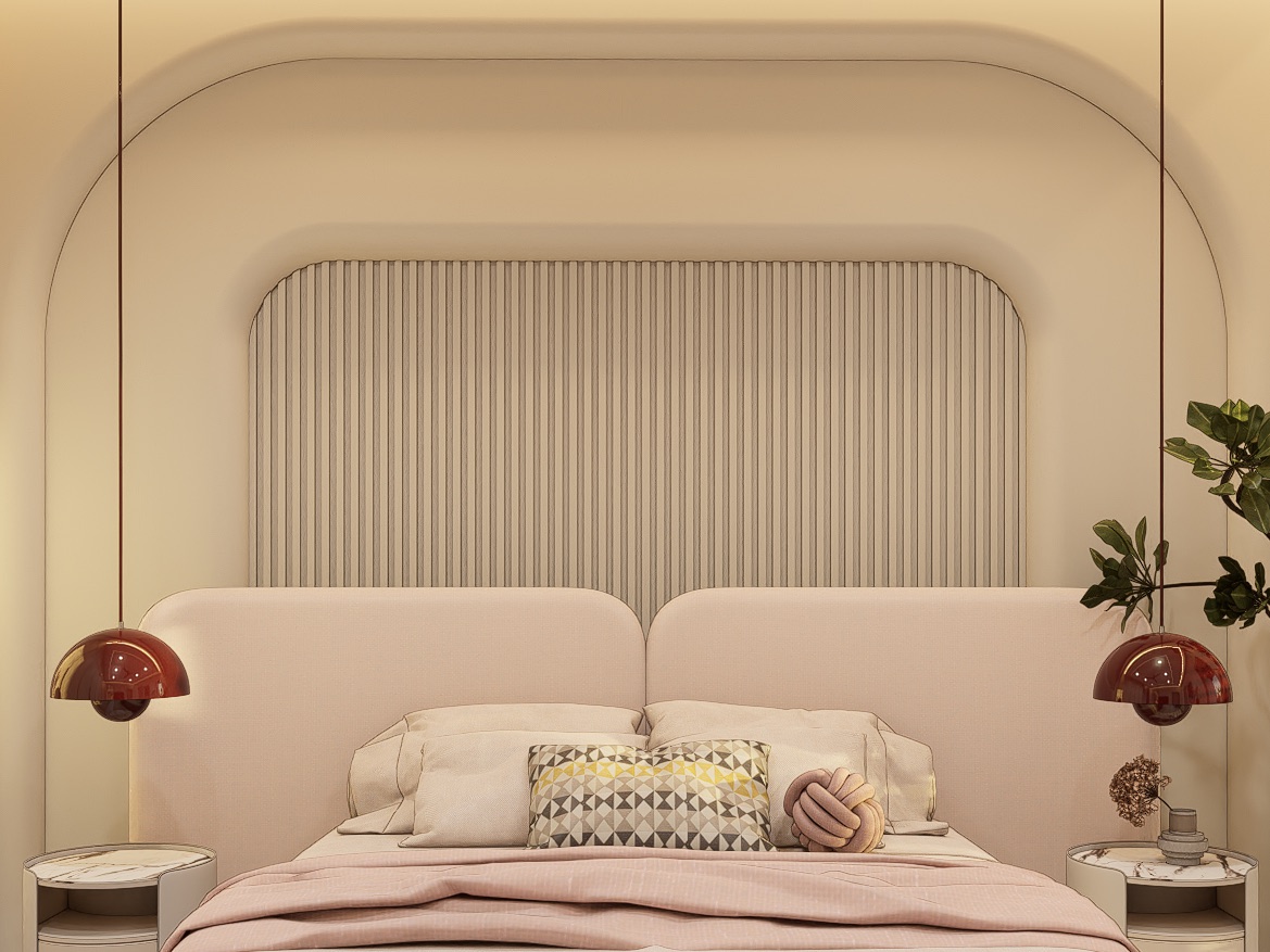 Bedroom design render with an ivory fluted panel set inside two rounded arch-shaped recesses behind a curved pale pink upholstered headboard, with red dome pendant lights on both sides and round side tables.