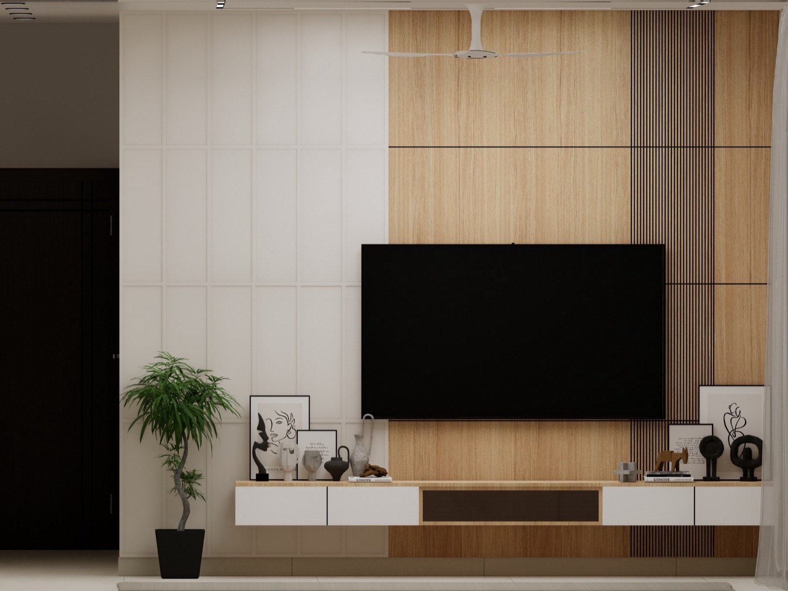 Full-height TV wall with light oak panels, a strip of dark vertical fluting and white grid panelling, a wall-mounted TV over a white and oak floating console styled with framed prints, vases and a plant