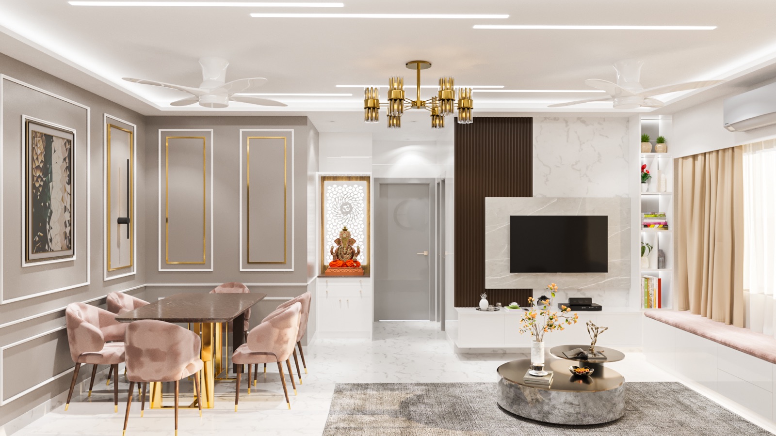 Rendered view of a compact living and dining room in pastel greys with blush-pink dining chairs and a navy sofa. Between the dining wall and a passage door sits a small pooja niche: a backlit white CNC-cut jaali panel with a circular Om motif behind a Ganesha idol, framed in wood, with a white storage cabinet below.