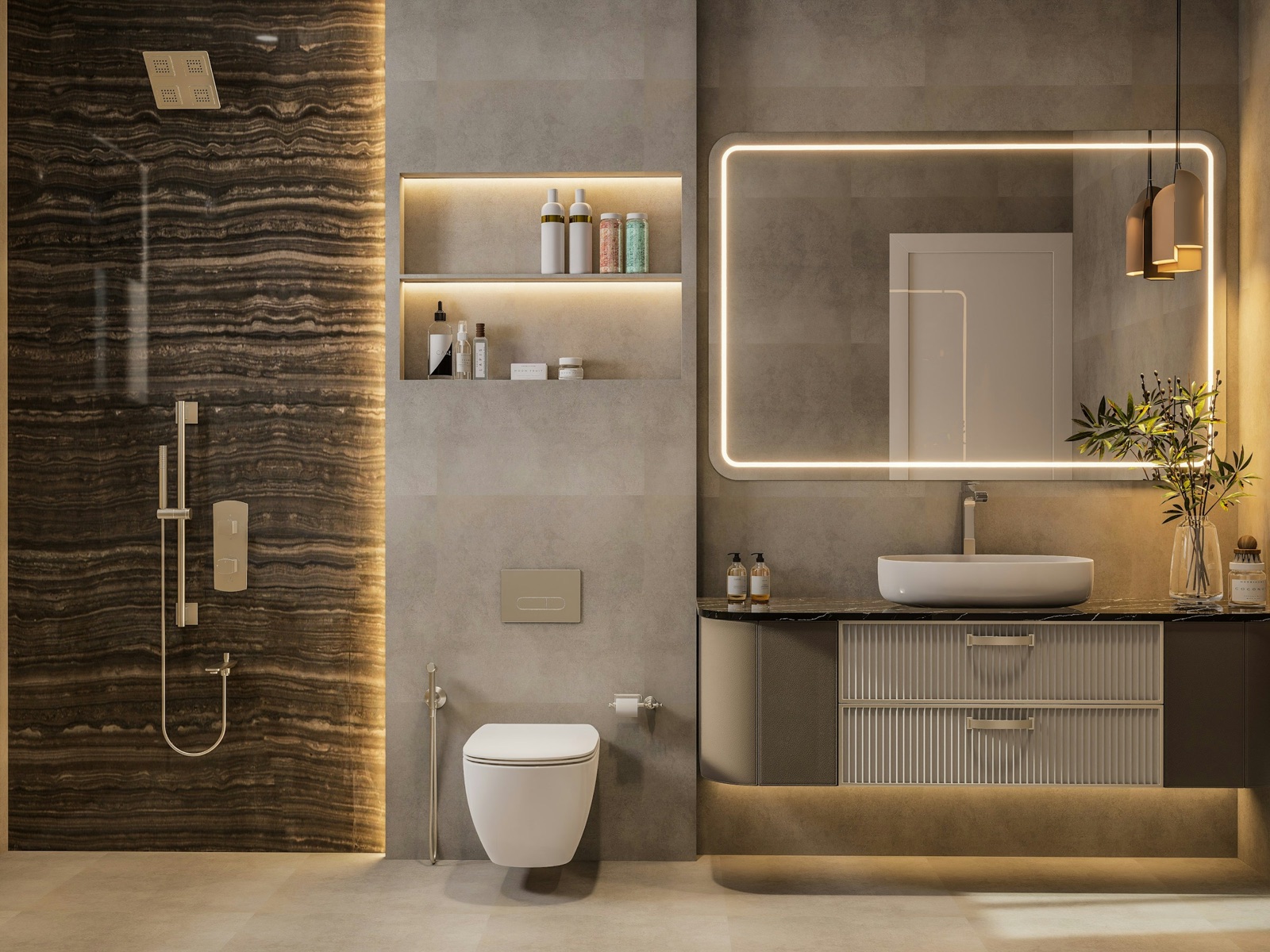 Design render of a bathroom wall: a dark wood-grain stone-look slab lines the shower behind clear glass, large grey matt tiles run floor to ceiling around a wall-hung WC with a health faucet and a lit two-shelf niche above, and a wall-hung vanity with a vessel basin sits under a backlit mirror
