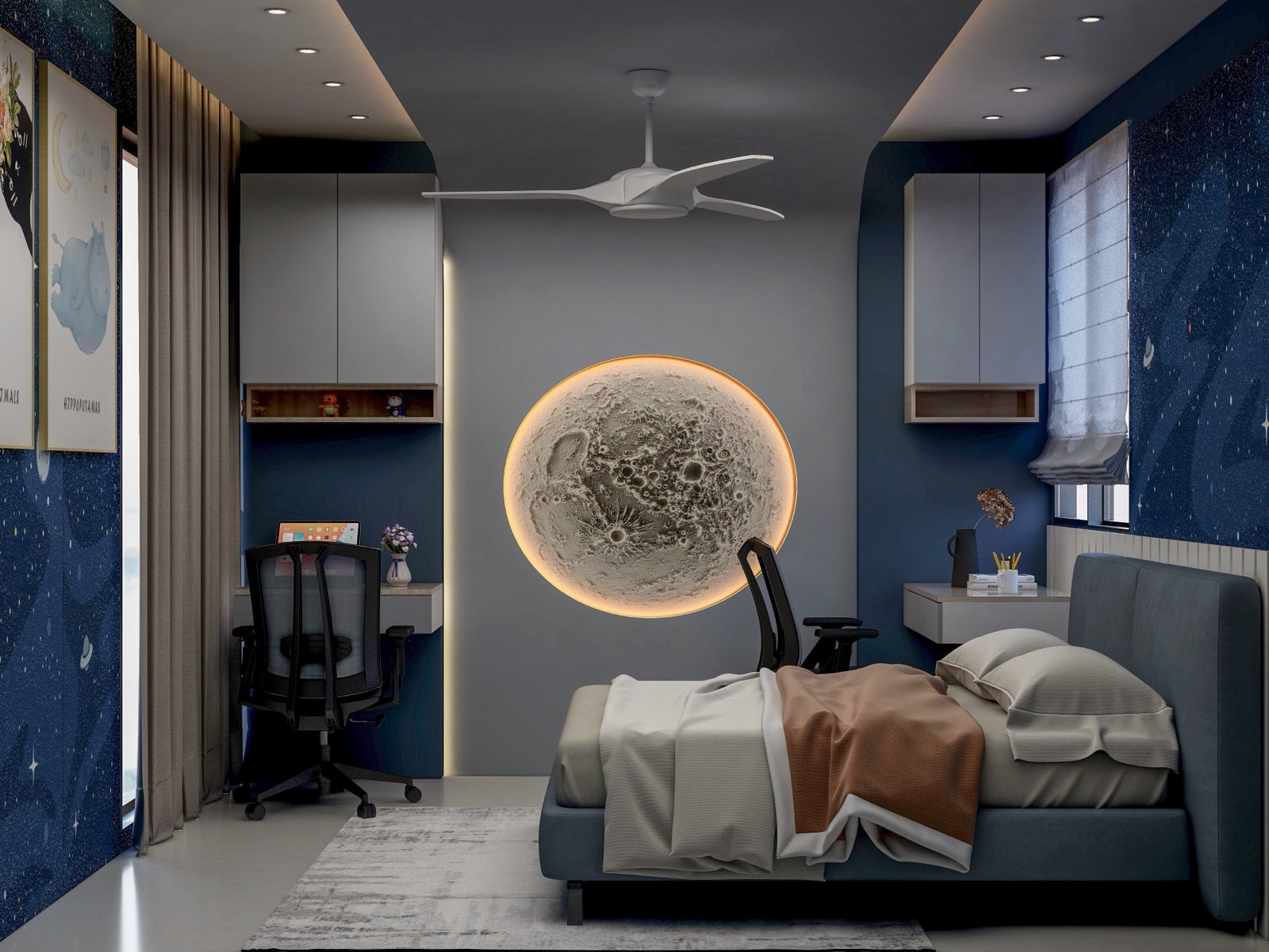 Design render of a child's bedroom with a backlit moon panel on a grey wall, white wall cabinets above two floating desks, a blue upholstered bed and starry blue wallpaper