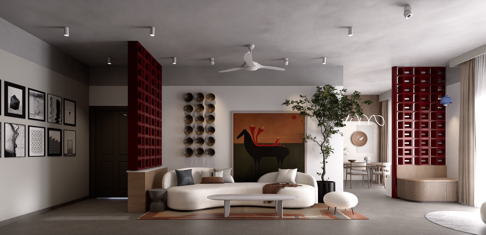 Design render of an apartment living room with a curved white sofa, an oval coffee table, a large horse painting, a wall of round metal discs, deep red lattice screens on both sides and a dining area beyond
