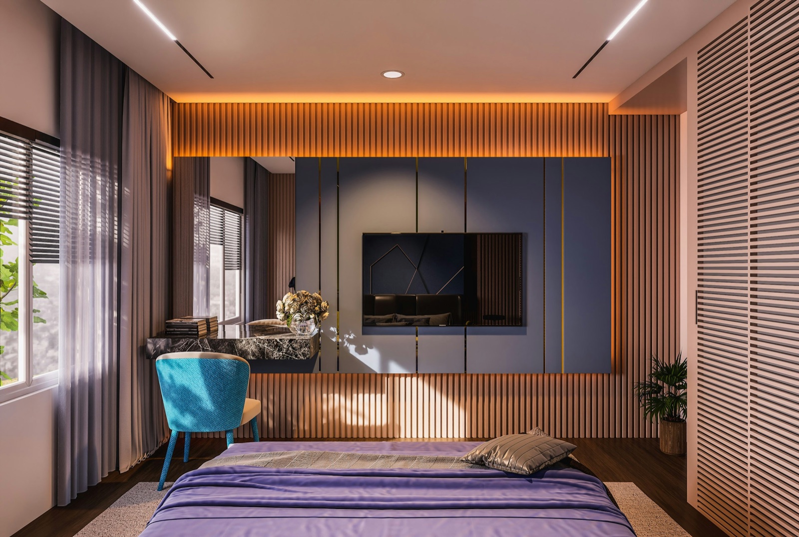 Bedroom design render seen from the foot of a bed with a violet cover: a wall-mounted TV on a dark blue panel with thin brass strips, a marble-topped desk cantilevered from the same panel with a turquoise chair, vertical wood battens with a warm cove light above, and a slatted wardrobe on the right