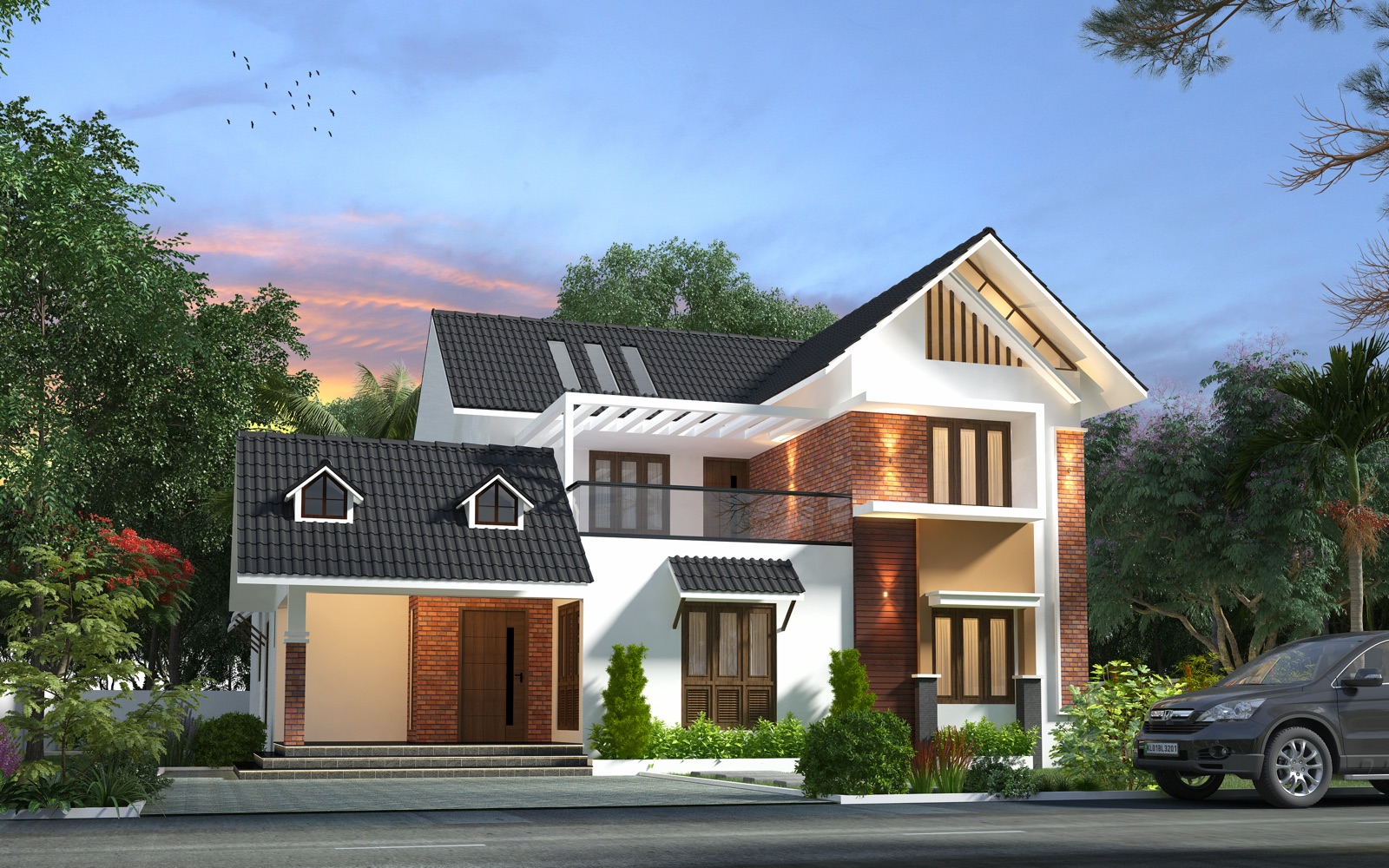 Design render of a two-storey house at dusk with dark tiled sloping roofs, a small dormer pair over the porch, exposed brick walls, timber doors and windows, a white pergola over the upper terrace and a landscaped front garden