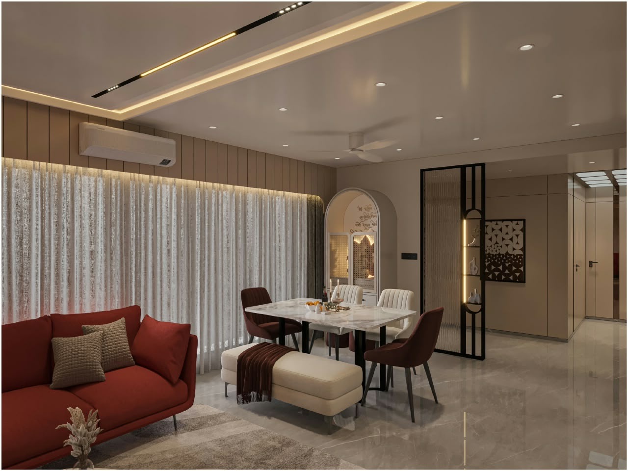 Design render of an open living and dining area in a flat: a red sofa in the foreground, a marble dining table with maroon and cream chairs, sheer curtains along a lit wall of windows, an arched mandir niche set into the far wall, and a slatted screen near the passage. The floor is clear and the space is evenly lit.