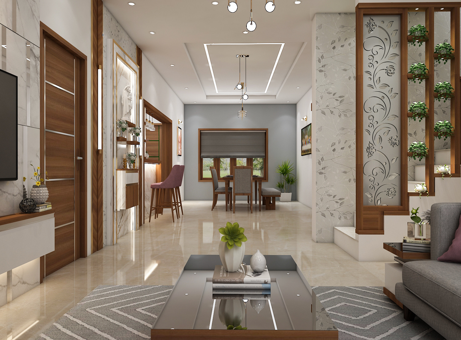 Design render of a long living and dining hall: on the right, beside the staircase, a full-height partition in a wooden frame with a frosted panel carrying a floral vine cut-out pattern, and a column of open wooden shelves holding potted plants; the dining table, a bar counter with stools and a TV wall are further along