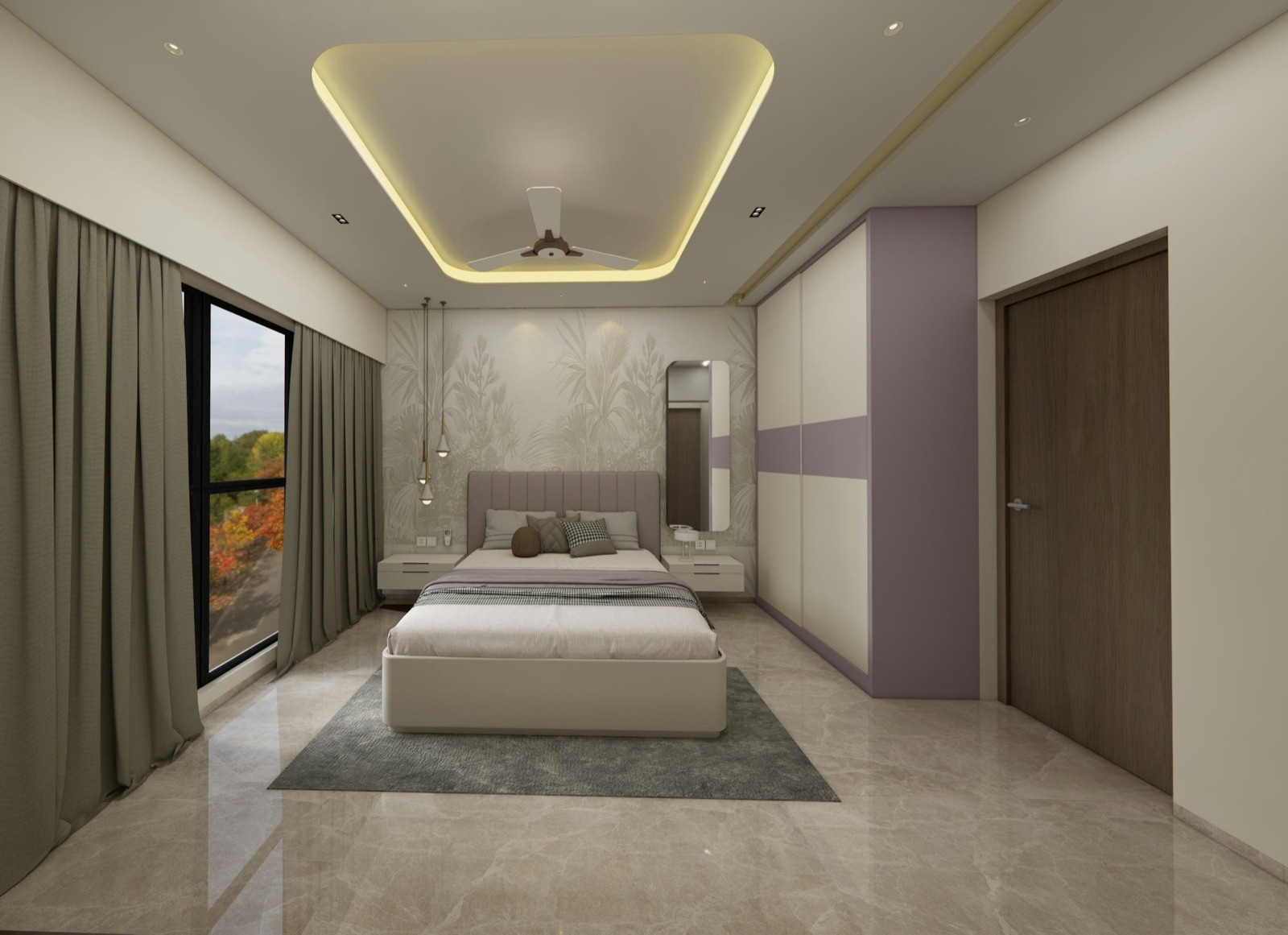 Design render of a Mumbai bedroom with a rounded rectangular raised tray lit by a warm cove, a white ceiling fan in the tray, two glass pendant lights hanging beside the bed, a slim linear light along the wardrobe side, and full-height grey curtains hung from the ceiling line at a corner window.