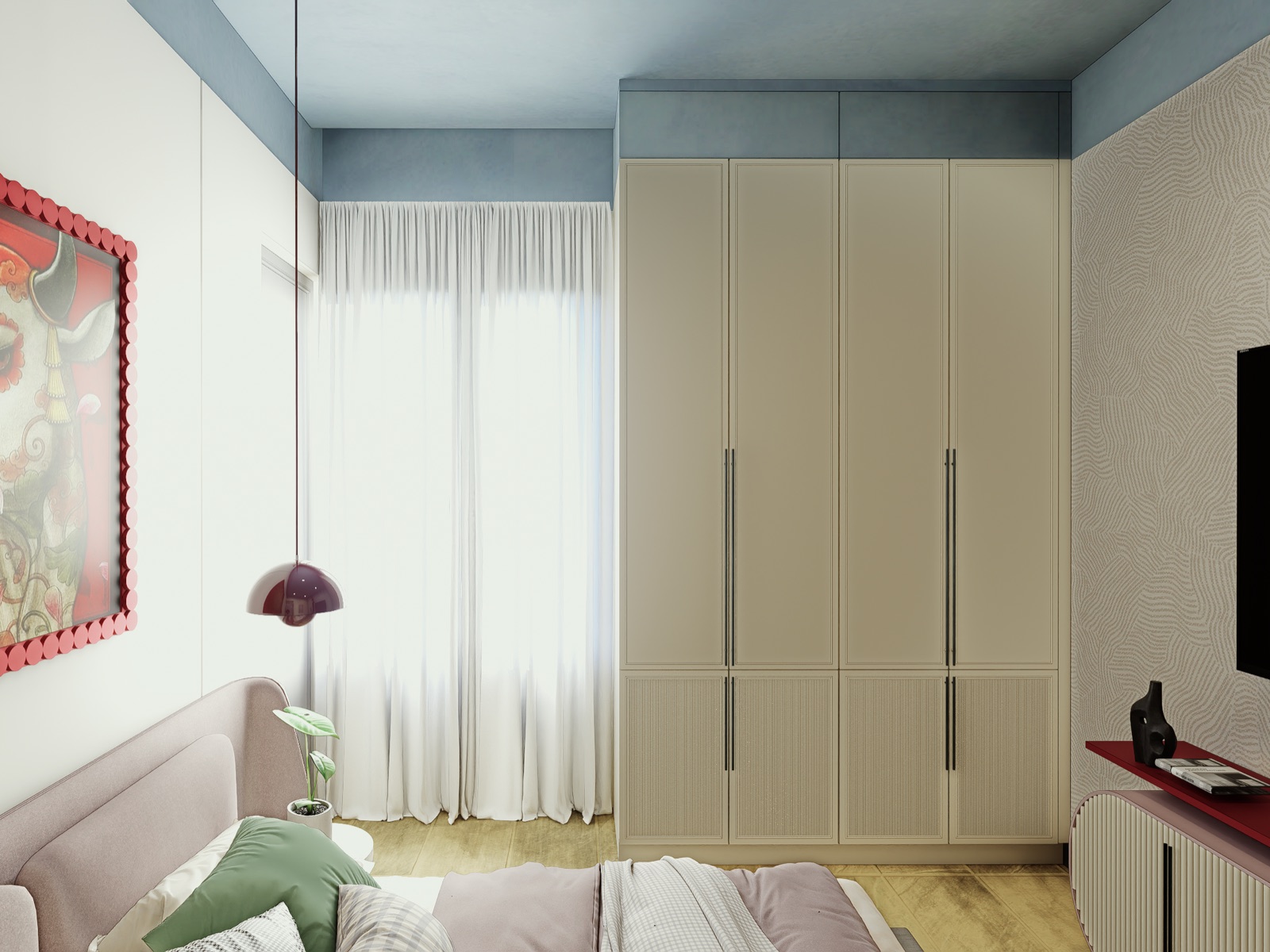 A bedroom with a full-height wardrobe beside a curtained window: four tall hinged shutters in a warm beige finish, the lower part of each shutter fluted, long black bar handles, and a loft box above running up to a pale blue ceiling. A bed and a pendant lamp are in the foreground.