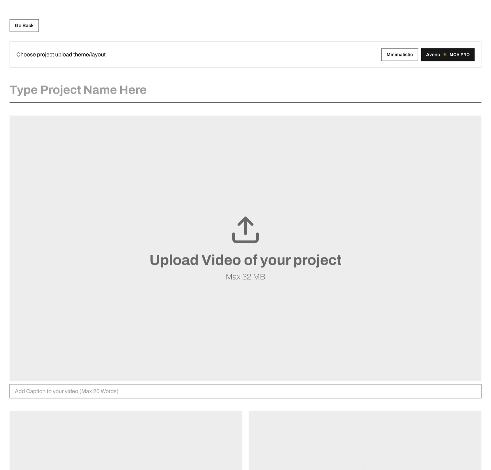 Screenshot of the MOA upload page with Aveno selected, marked MOA Pro. Under the project name placeholder, the first and largest box reads Upload Video of your project, Max 32 MB, with a caption box reading Add Caption to your video (Max 20 Words). The tops of two image slots side by side are visible below it.
