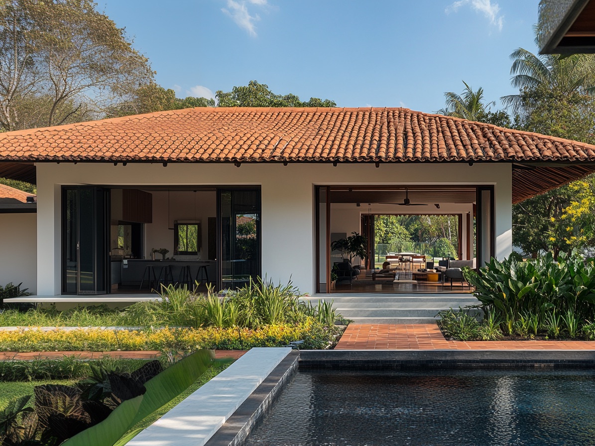 Single-storey house with a low hipped roof of terracotta clay tiles and deep overhanging eaves, white walls, wide glazed openings to the living spaces, a garden and a reflecting pool in front