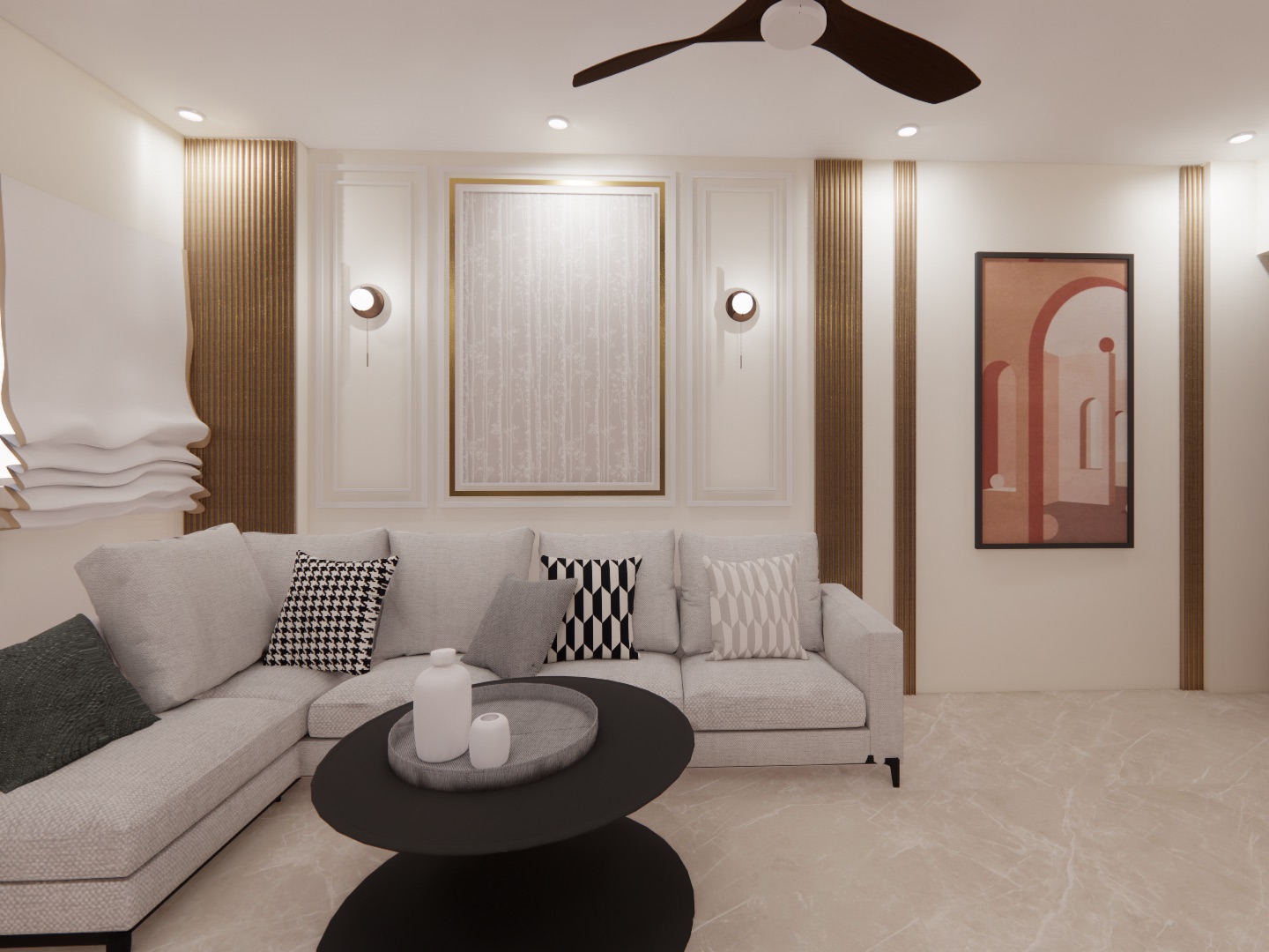 3D visualisation of a living room in an ivory palette: a pale grey L-shaped sofa with black-and-white patterned cushions, a round black two-tier coffee table, a framed textured panel between two round wall lights, slim wood-finish fluted strips on the wall, a terracotta arch artwork and a dark three-blade ceiling fan.