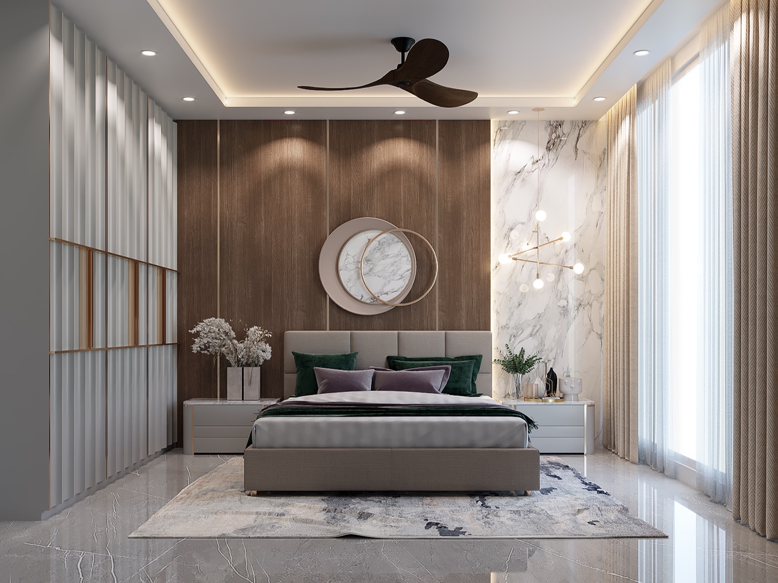 Bedroom design render with a bed wall of dark wood-grain panels divided by thin metal strips, a round marble-and-brass art piece above a grey upholstered bed, a backlit white marble-look slab to the right, and off-white fluted panels with metal bands running down the left wall.