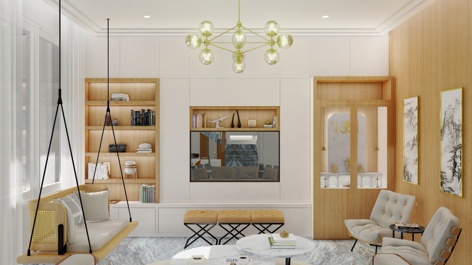 Bright living room with a cane-backed swing hung from the ceiling, a white storage wall with lit timber bookshelves, a glazed opening and a pooja unit with timber doors, three upholstered stools, two armchairs and round marble tables