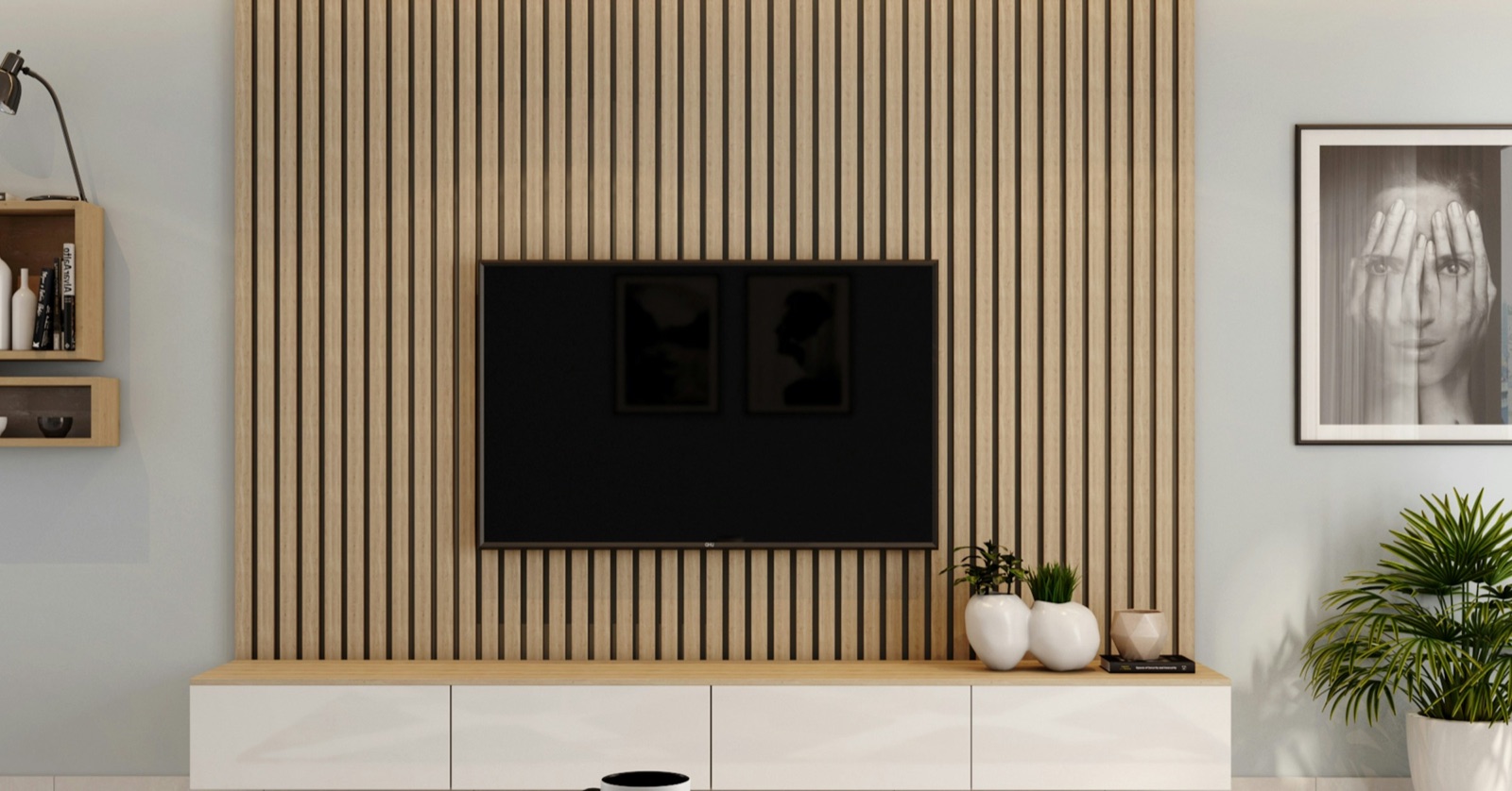 Design render of a TV wall with full-height light oak slatted panelling behind a wall-mounted TV, a long white gloss floating console with four drawers below it, white vases and a potted palm