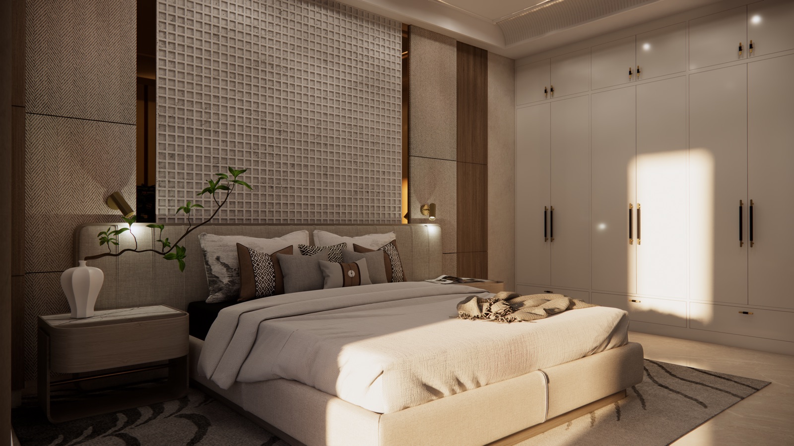 Bedroom design render with a raised square-grid textured panel behind the bed, herringbone fabric panels and a wood strip either side, wall-mounted reading lights on the upholstered headboard, and a round-edged side table.