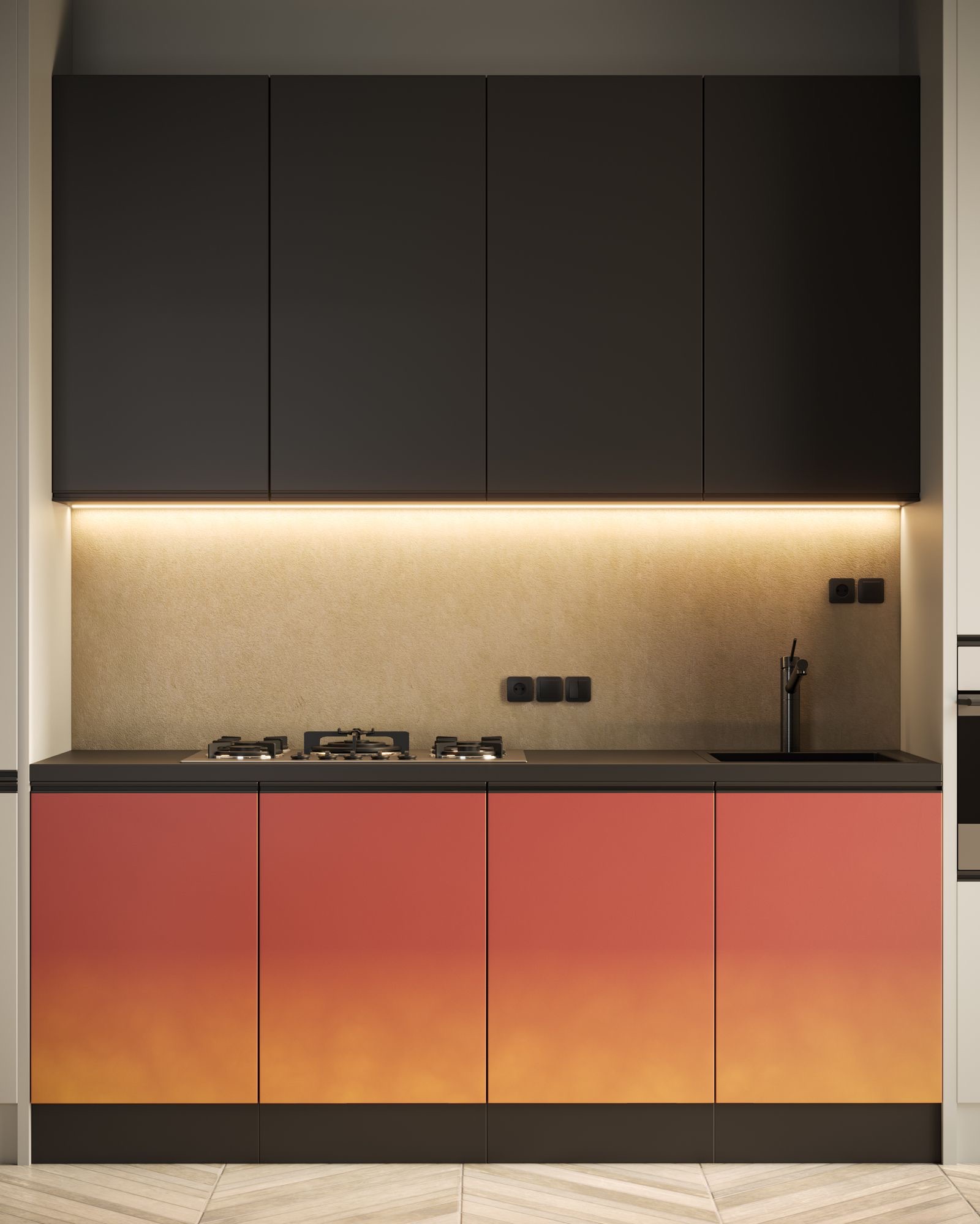 Design render of a single straight kitchen run: a dark stone platform holding a four-burner built-in gas hob and a black undermount sink, coral-red base shutters, matt black wall cabinets and an LED strip lighting a textured backsplash.