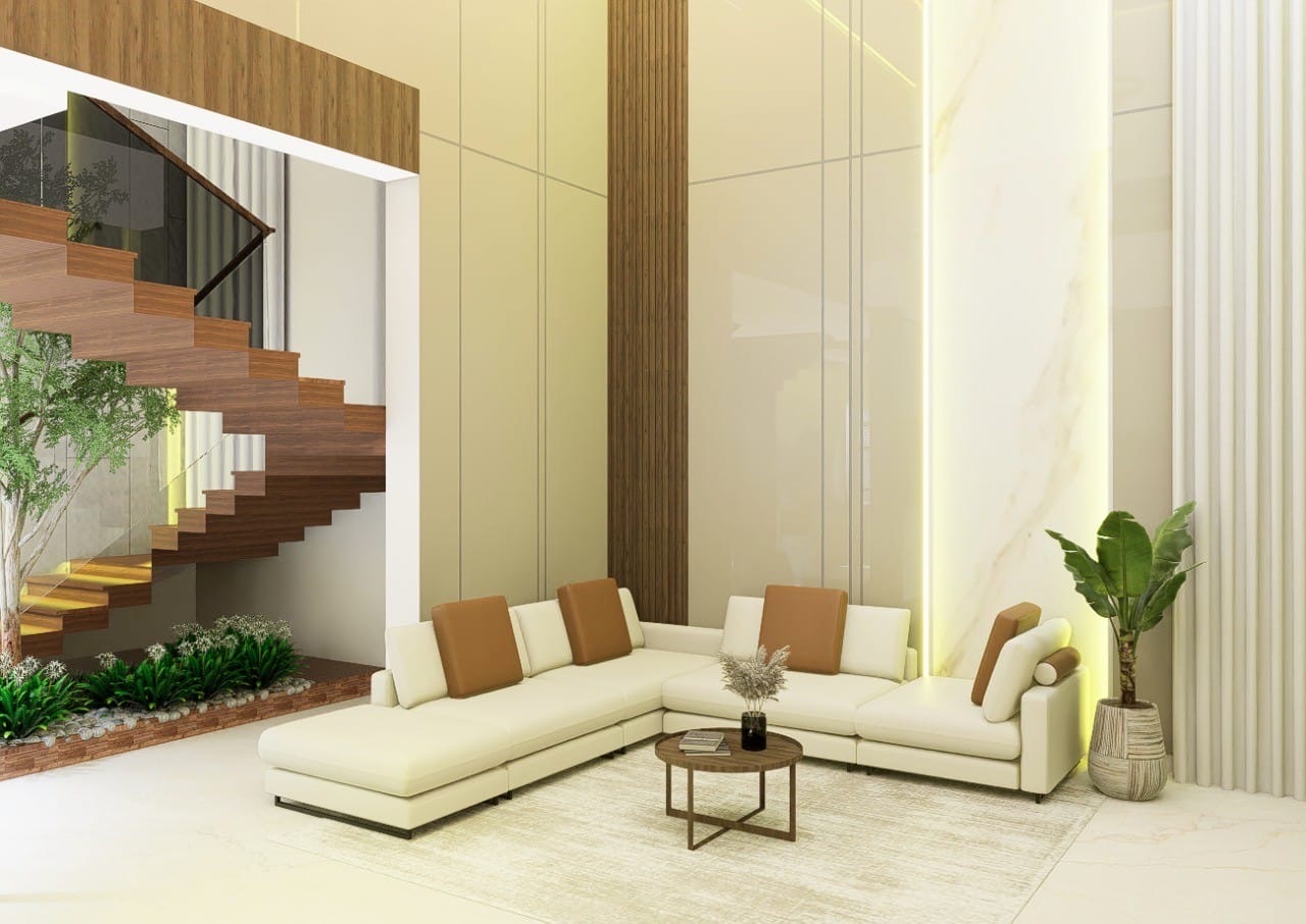 Design render of a double-height living room with a white L-shaped sofa, a tall marble feature wall edged by a vertical line of warm LED light, a timber-slatted column, and a floating timber staircase lit from below over an indoor garden