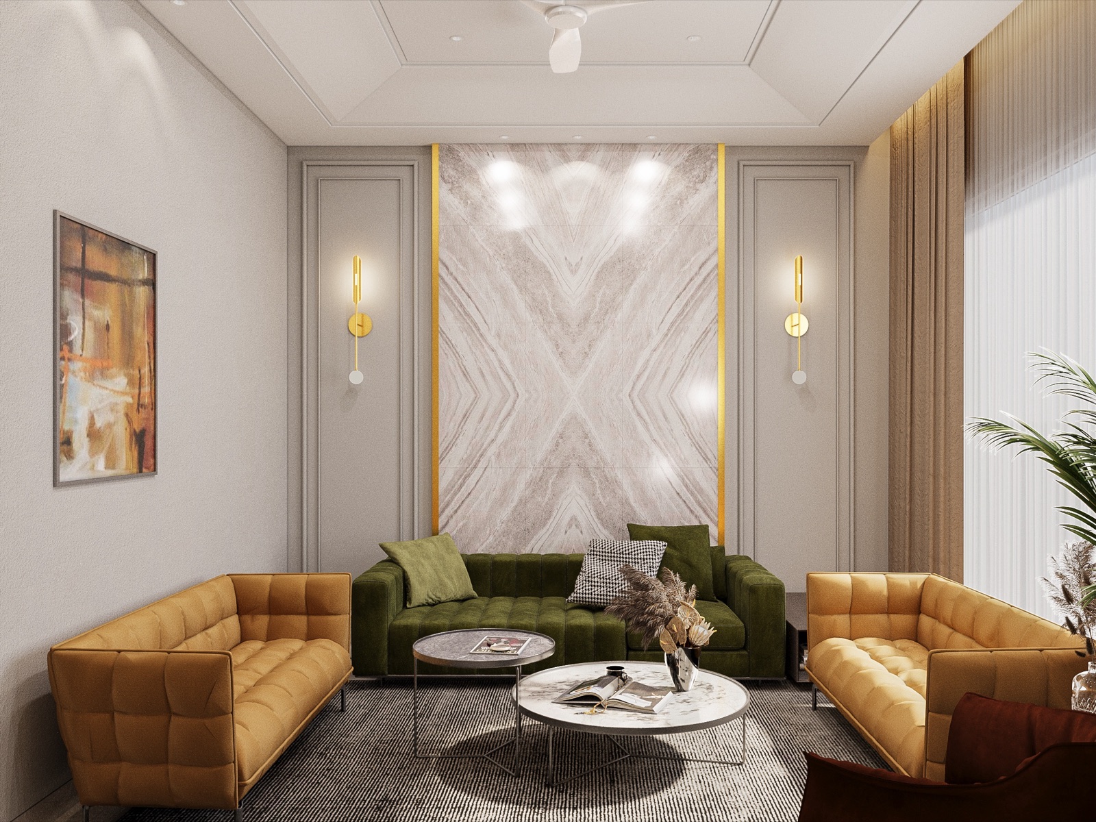 Design render of a living room with a bookmatched marble feature wall edged in brass strips between grey moulded panels, slim brass wall lights, a moss-green sofa flanked by two mustard tufted sofas, nested round coffee tables on a striped rug and sheer curtains to the right