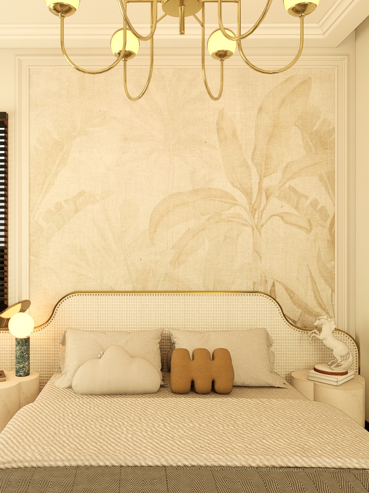 Bedroom design render with a soft beige banana-leaf mural framed by white wall moulding above a cream woven headboard with a curved brass edge, a brass chandelier and a globe table lamp.