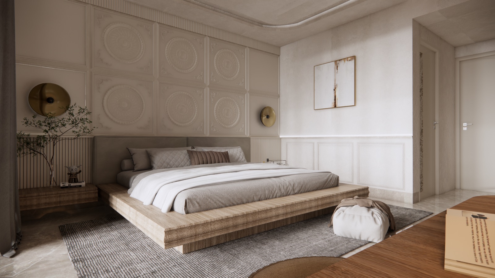 Design render of a calm bedroom in beige and white: a low platform bed in light wood on a grey rug, a long upholstered headboard with a wooden bedside shelf on one side, round brass wall lights, a wall of square plaster medallion panels behind the bed, white wainscot panelling on the side wall and a door to the next room.