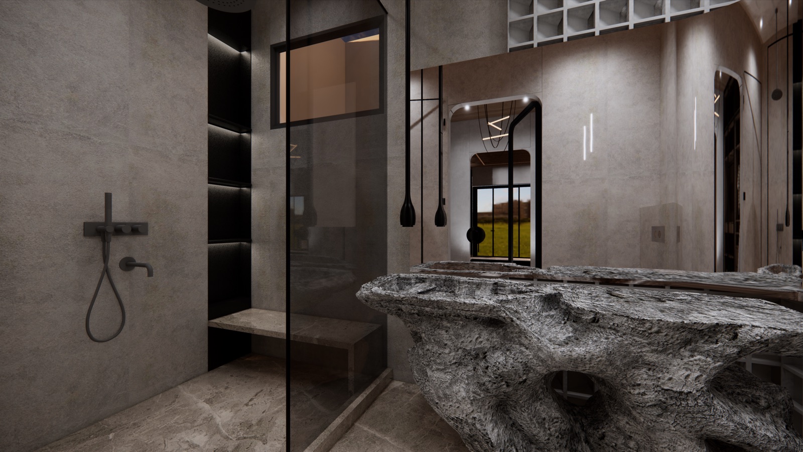 Design render of a walk-in shower with grey plaster-look walls, a matte black wall-mounted mixer and hand shower, a built-in stone bench, a column of lit recessed shelves and a smoked glass screen, beside a sculptural rough-stone basin